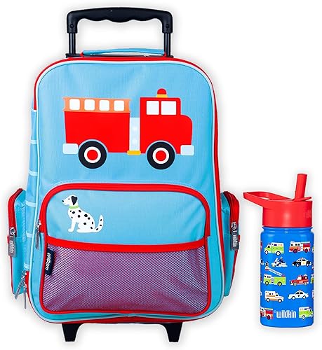 Wildkin Paquete de maleta rodante con botella de agua reutilizable de acero de 14 onzas (héroes)