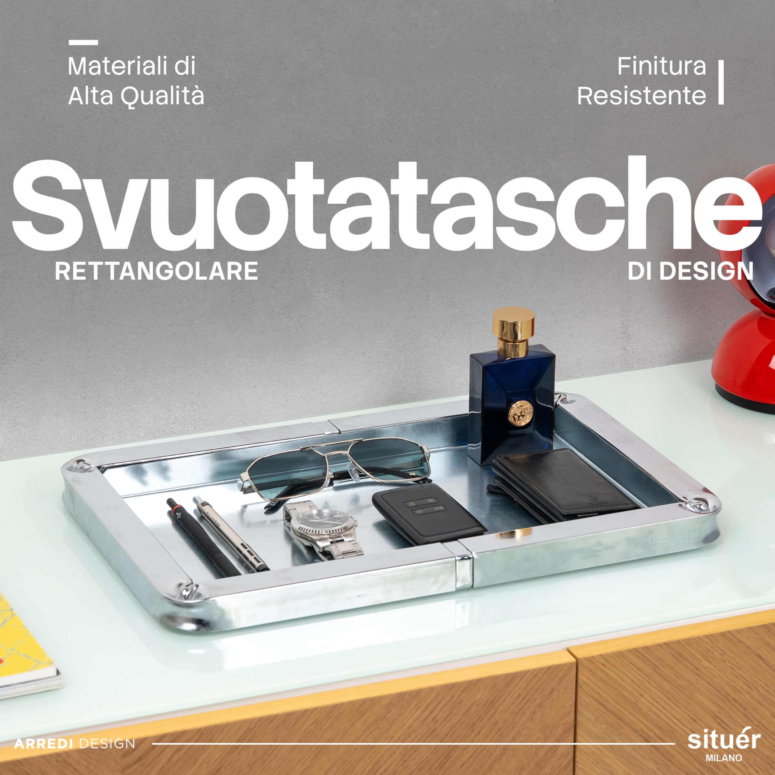 Situér Milano Svuotatasche Design Moderno con Piega Brevettata 40x25cm in Metallo Cromato Made in Italy - Vassoio Portaoggetti Versatile, Elegante e Raffinato