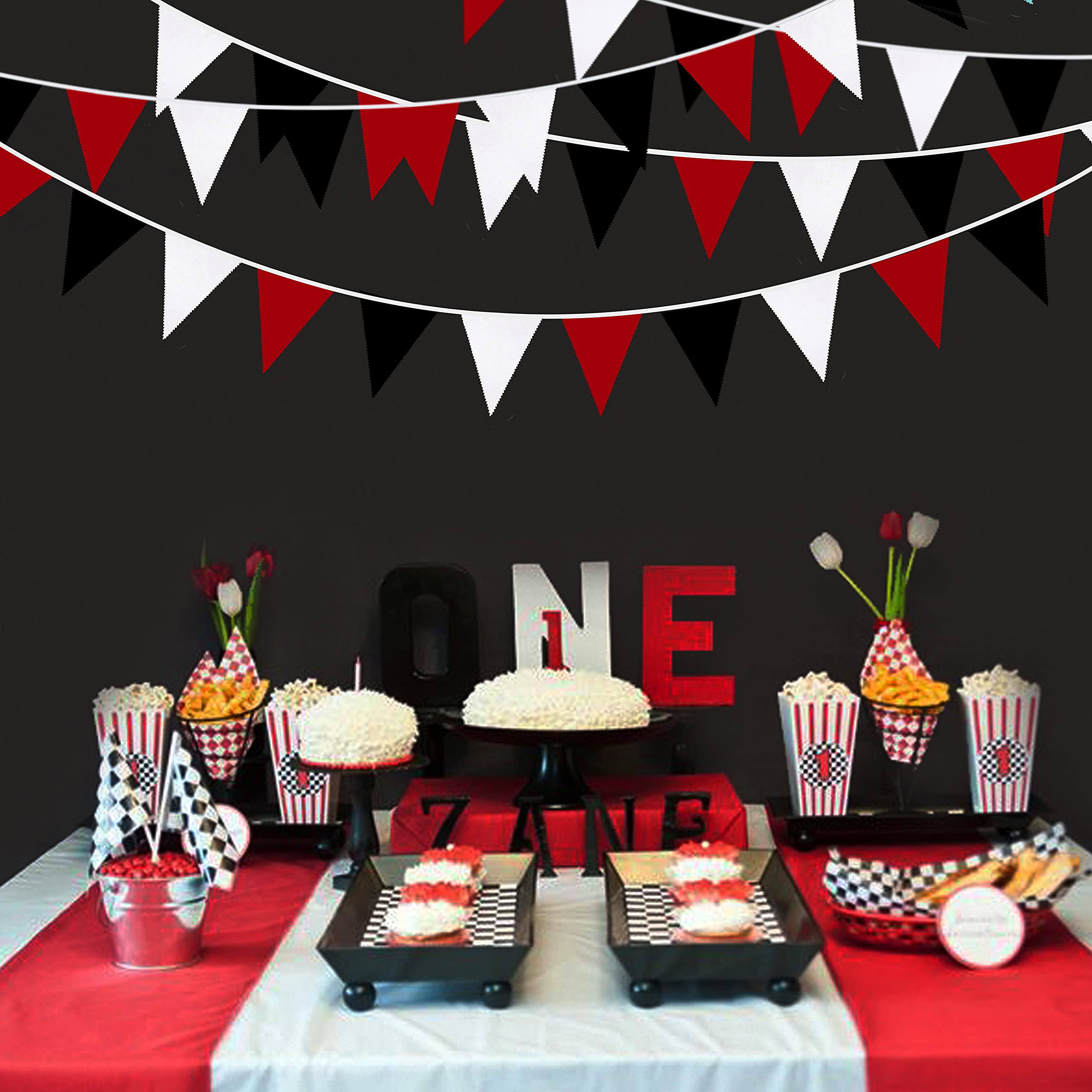 10M Rot Schwarz Weiß Banner Halloween Party Dekorationen Dreieck Flagge Stoff Wimpel Girlande Wimpelkette für Abschlussfeier Piraten Casino Micky Maus Thema Hängende Festival Dekoration