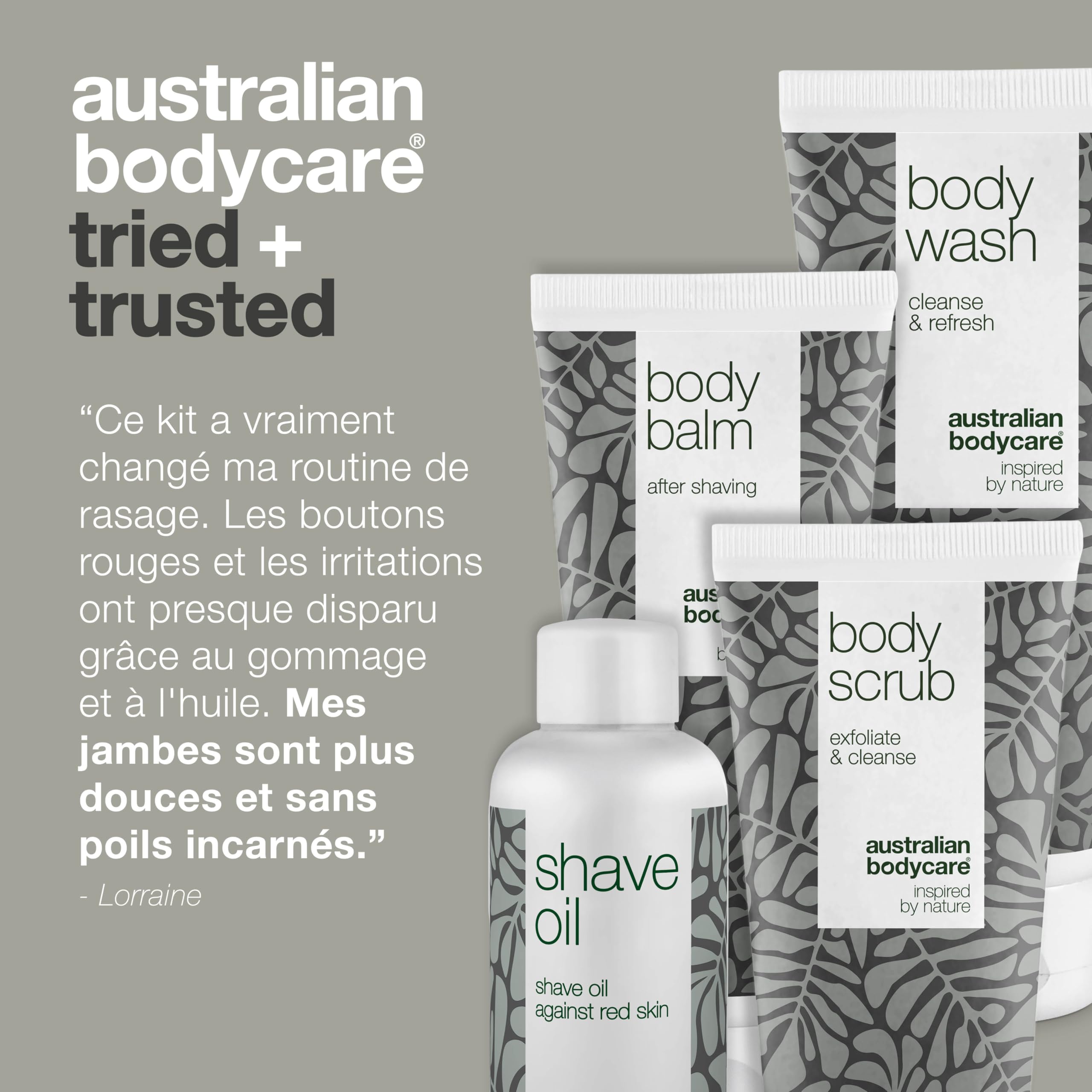 Ensemble de rasage pour tout le corps - Ensemble avec gel douche, gommage, baume et huile de rasage - Solution ultime pour un rasage confortable - Infusé avec de l'huile d'arbre à thé