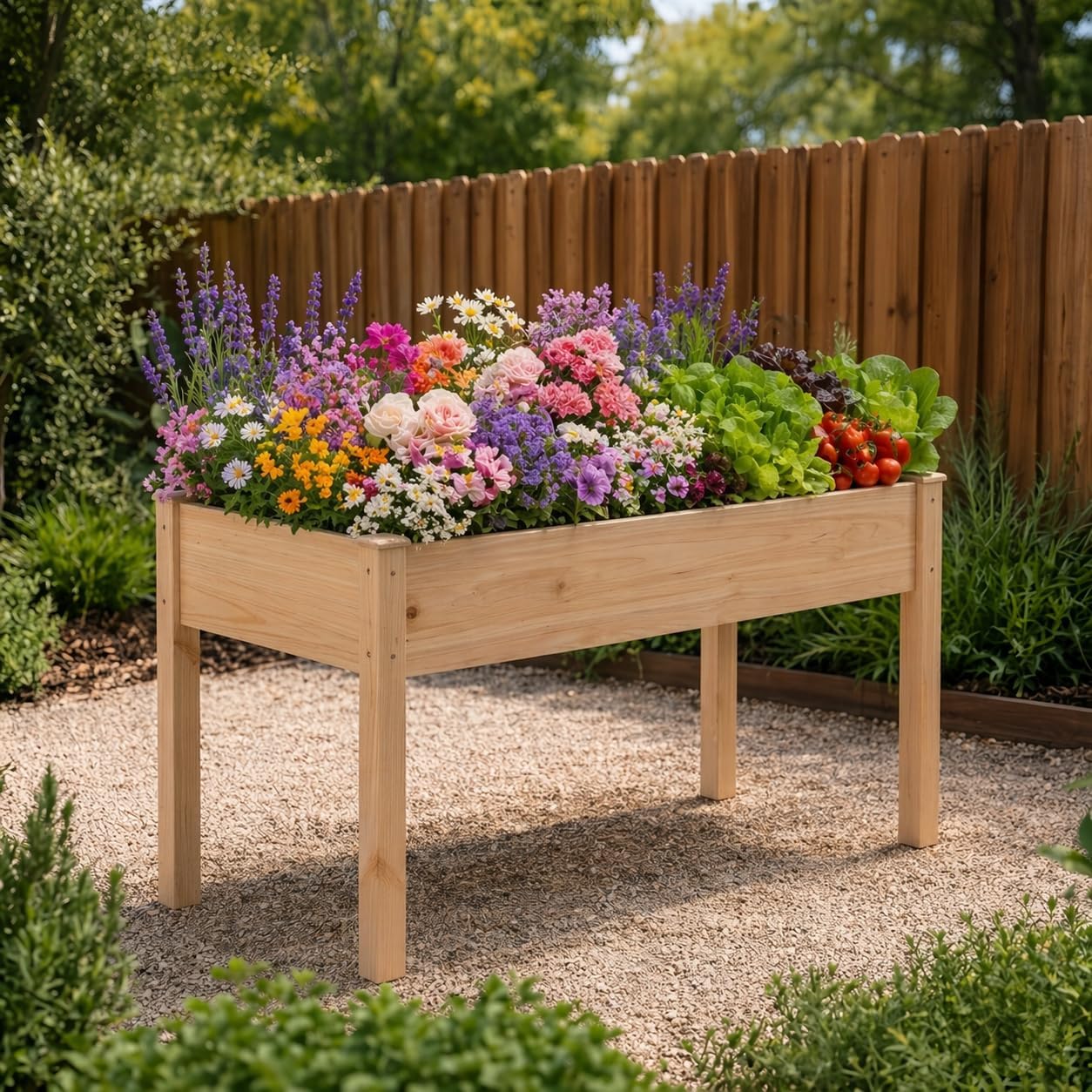 Planter Box Outdoor Raised Garden Bed Elevated Garden Bed with Legs - Wooden Planter Box with Liner & Drainage for Patio Balcony Outdoor Gardening Herb Vegetable Planter 48x24in