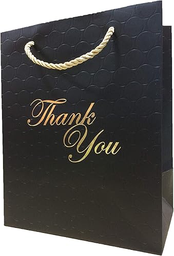 MODEENI Bolsas de regalo de agradecimiento negras a granel medianas con asas doradas (144 bolsas) de 8 x 10 x 5 pulgadas, papel de agradecimiento de