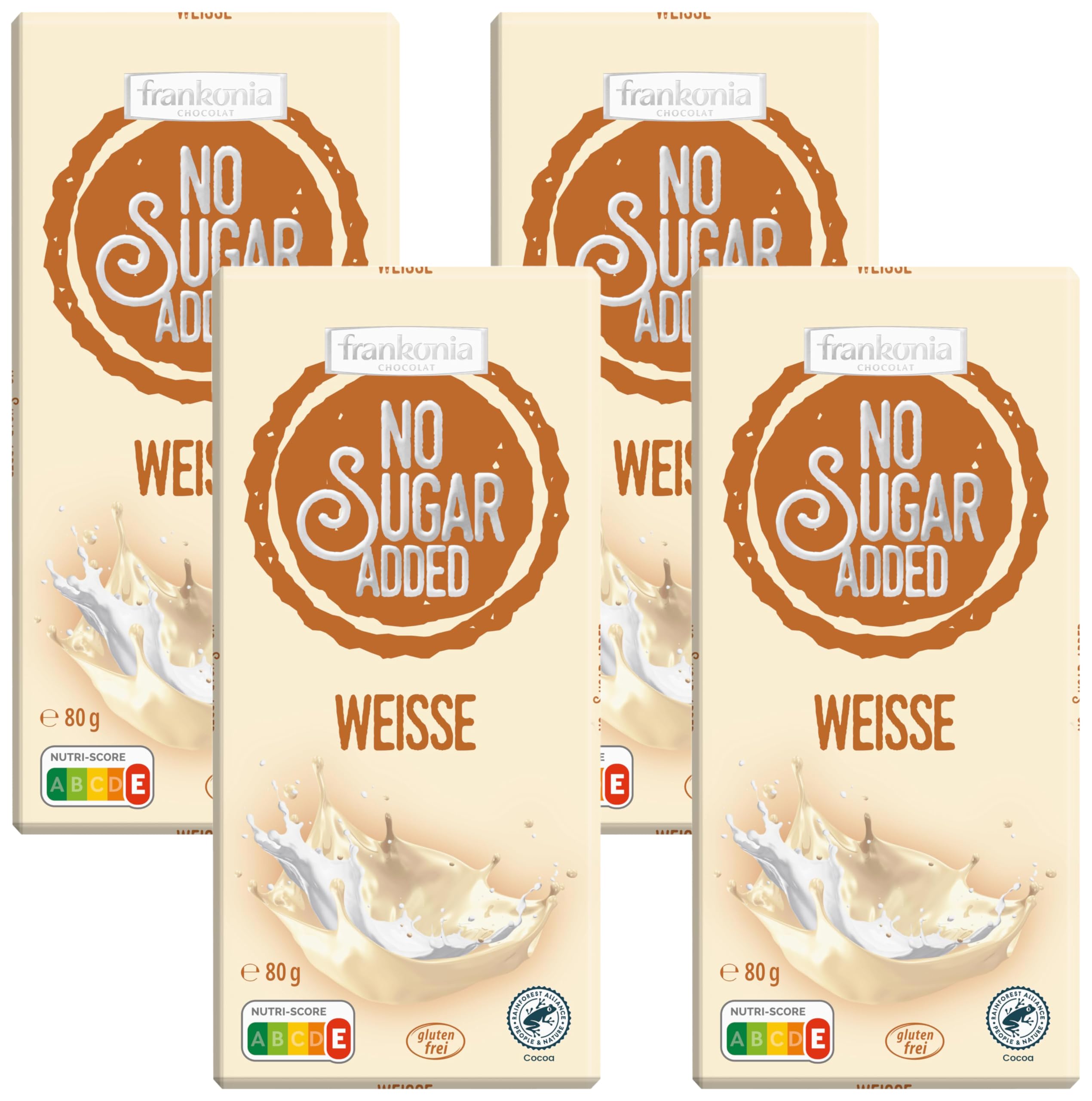 frankonia CHOCOLAT NO SUGAR ADDED Weisse Schokolade glutenfrei, 80 g (Packung mit 4)