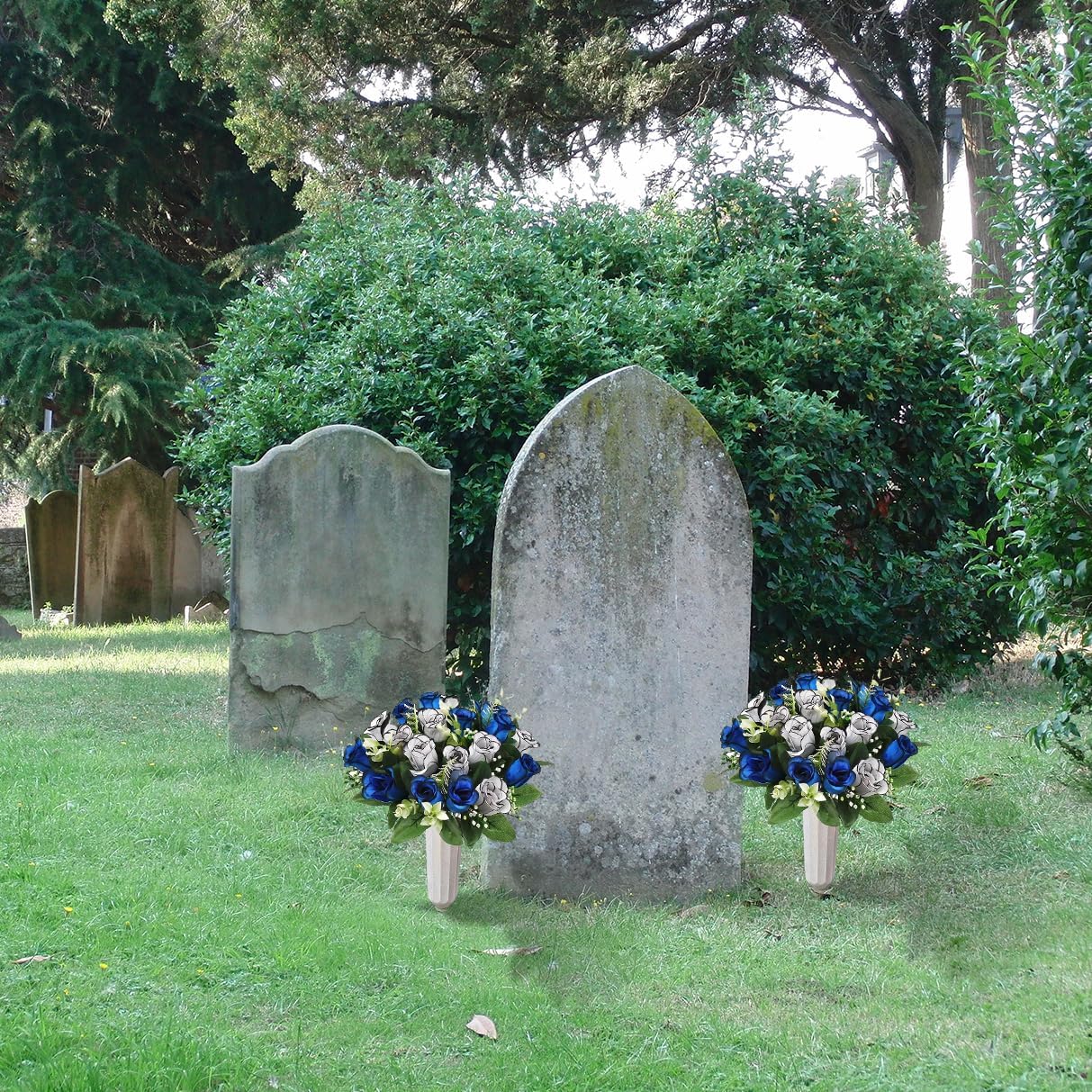 Artificial Cemetery Flower with Vase for Headstone,2 Set Graveyard Memorial Flowers,Grave Decoration Flower Bouquets,Cemetery Headstones Decoration,Outdoor Grave Flowers Decor (Blue-White)