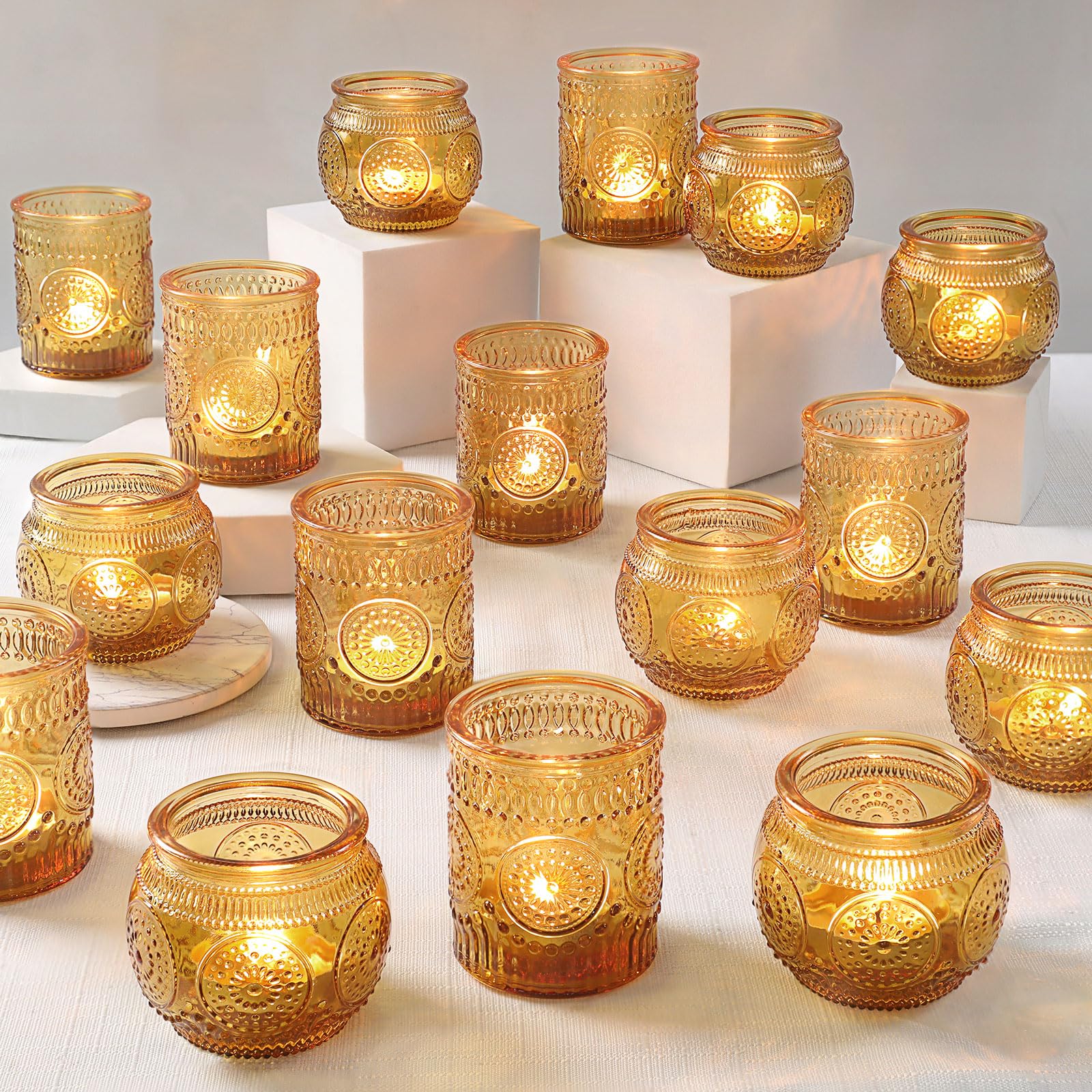 36 Pcs Amber Glass Candle Holders - Fall Votive Candle Holders for Party Decorations, Thanksgiving & Christmas Table Centerpieces