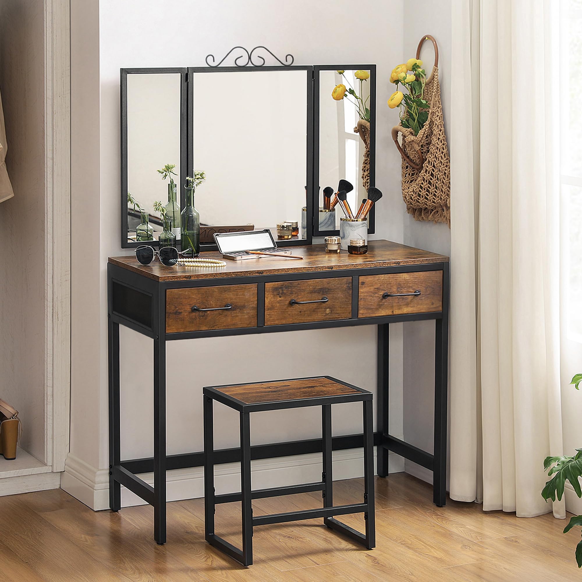 VASAGLE Dressing Table and Stool Set, Dressing Table with Triple Fold Mirror, 3 Drawers, Vanity Table with Steel Frame, Industrial Style, Rustic Brown and Black RVT02BX