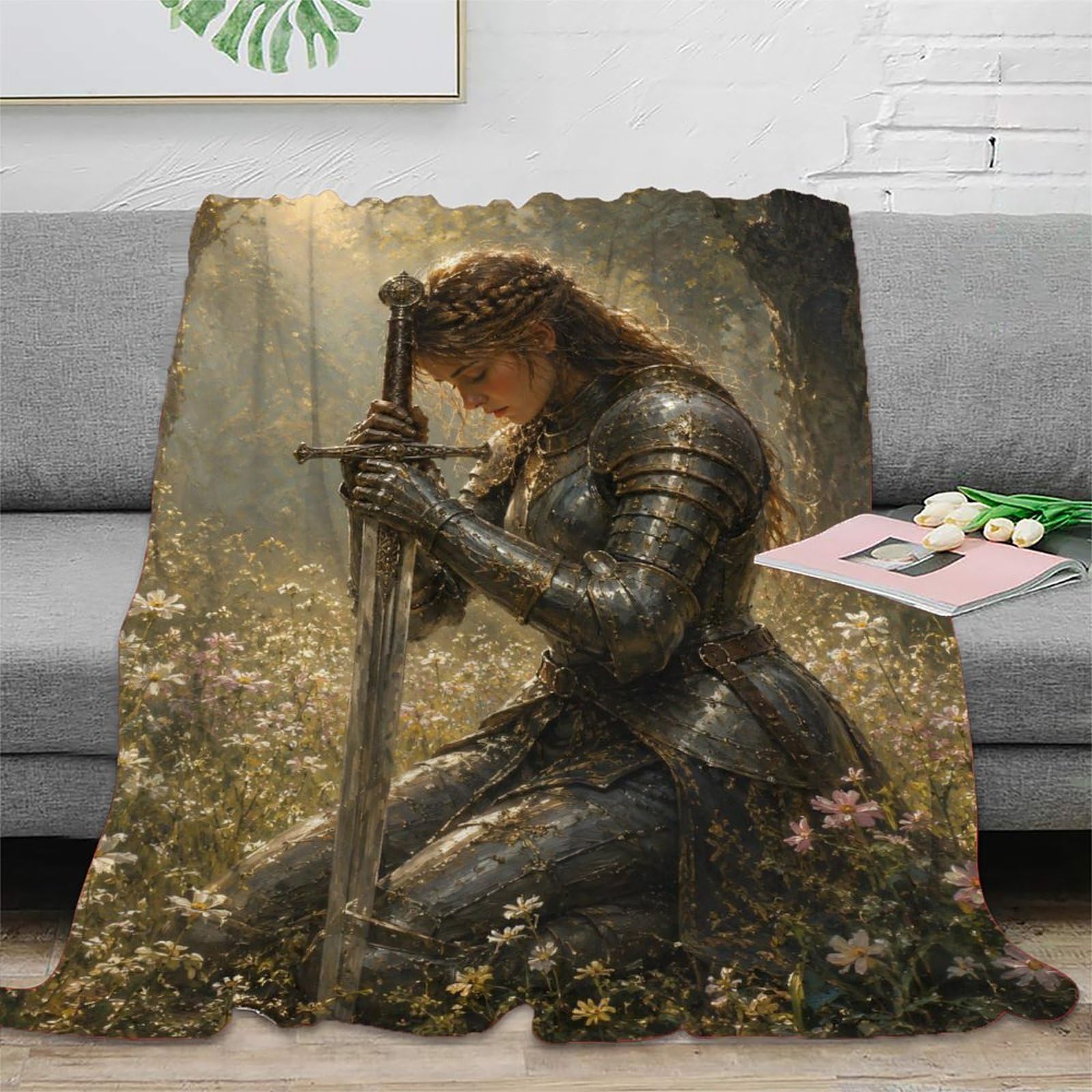 H3B8U2Y5 Medieval Female Knight Forest Blanket, Flannel, Dramatic Oil Style