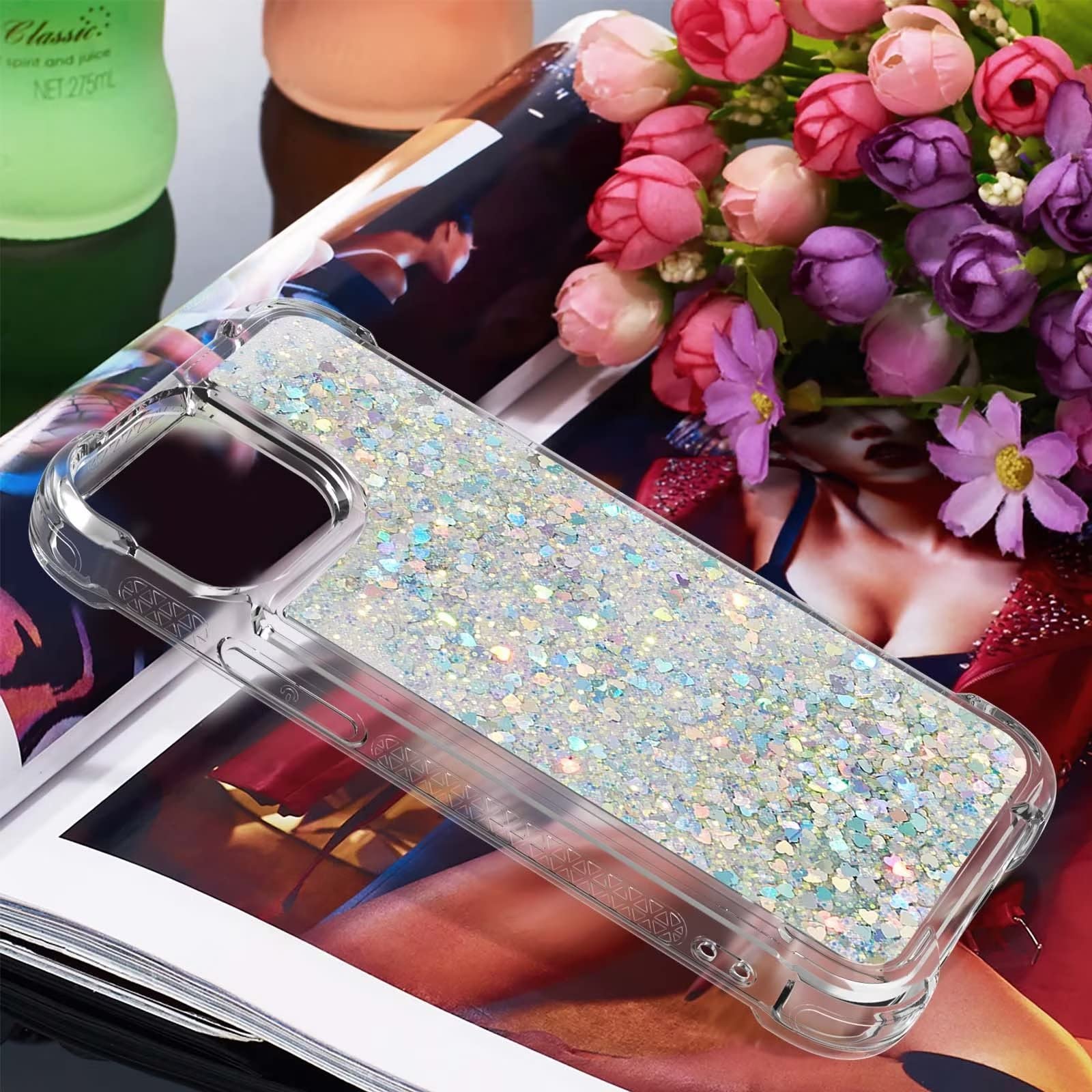 Didan Nadoli Coque iPhone 13 TPU Protecteur Brillant Paillettes Sables Mouvants Transparente Cristal Antichoc Bumper