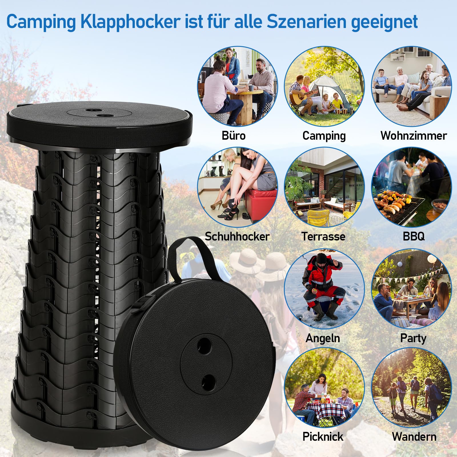 Eulenke 4X Tragbarer Klapphocker, Leichte Teleskophocker Tragfähigkeit 220 kg, 6-44 cm Höhenverstellbare Falthocker, Ausziehbarer Campinghocker, Faltbarer Hocker für Camping Garden Angeln Wandern