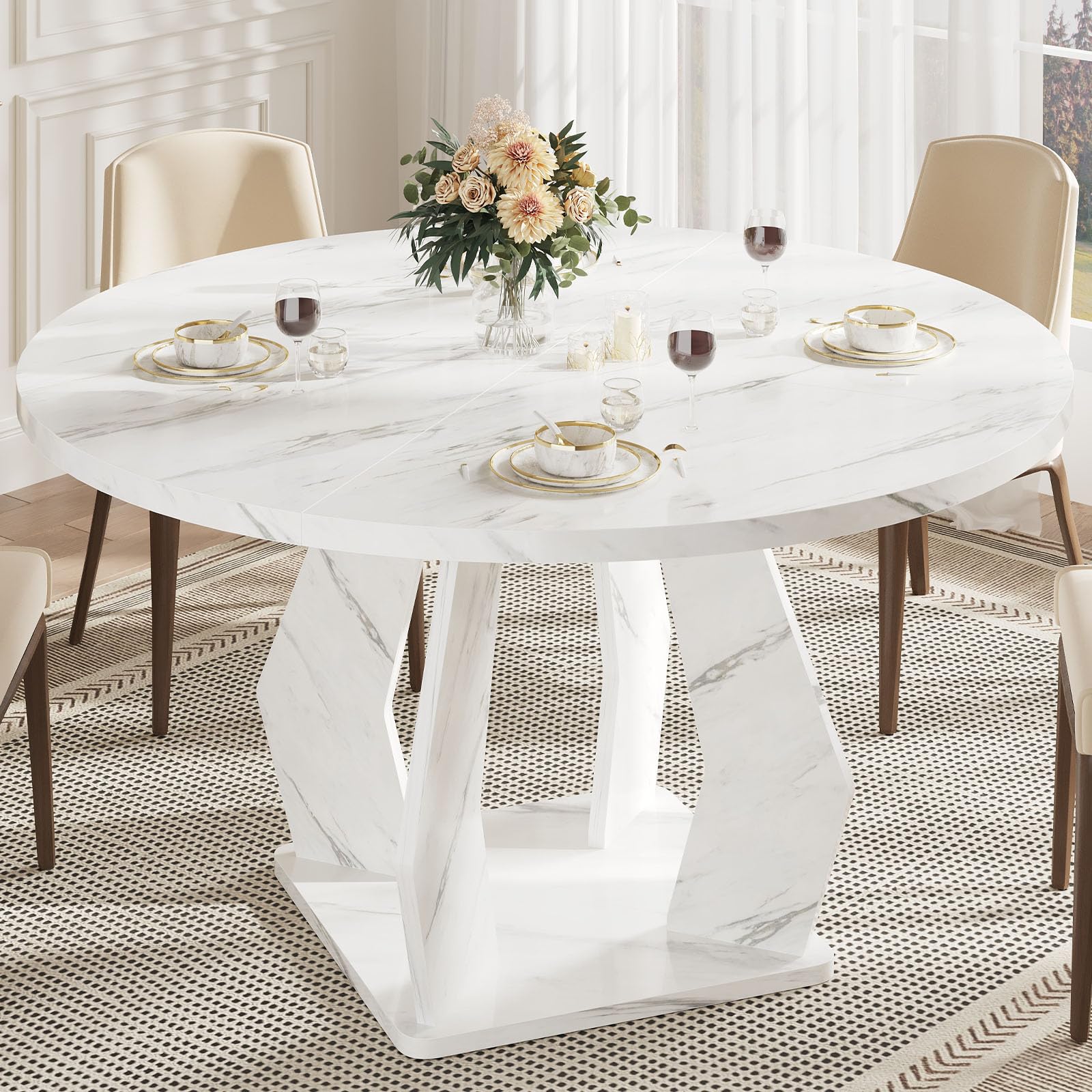 IBF Round Marble Dining Table,Dinner Tables for Kitchen 4-6,47 Inch Modern Pedestal Dining Room Table for Kitchen,Office,Living Room,White Marble ( Similar to one in stock)