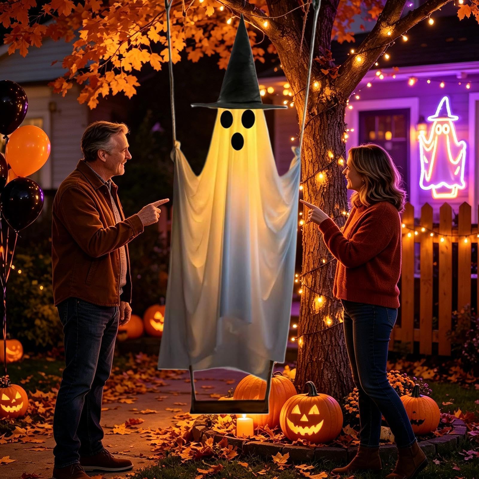 Halloween Podświetlany Duch Podświetlana Kołysząca Się Straszna Dekoracja | Halloweenowa Dekoracja Zewnętrzna do wnętrz, ogrodu, trawnika, ganku, okna, stołu, domu, biura, imp