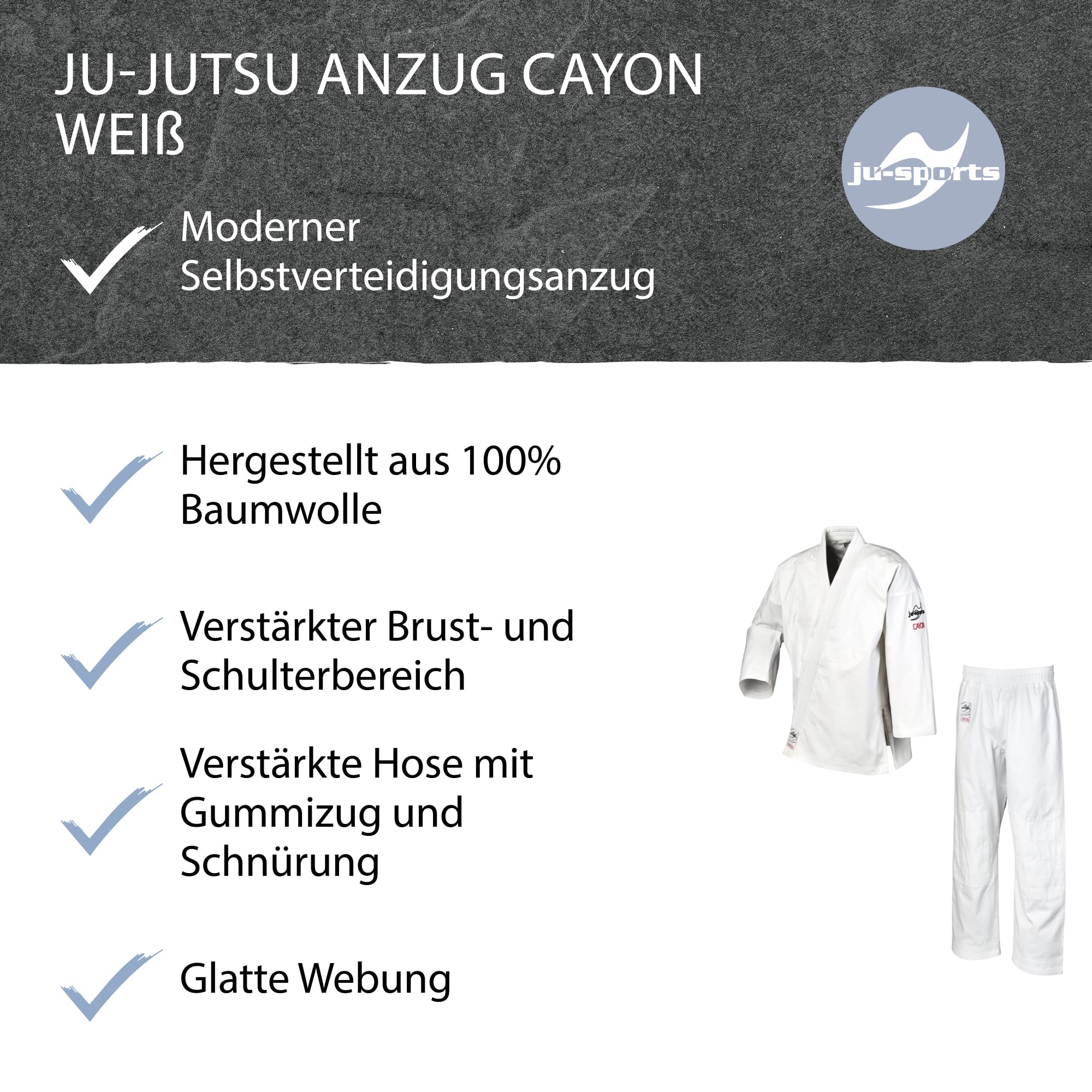 Ju-Sports Jujutsu Anzug Cayon weiß - Moderner Gi für Erwachsene & Kinder 100% Baumwolle, Reißfester Stoff, Doppelt verstärkter Brust- & Schulterbereich