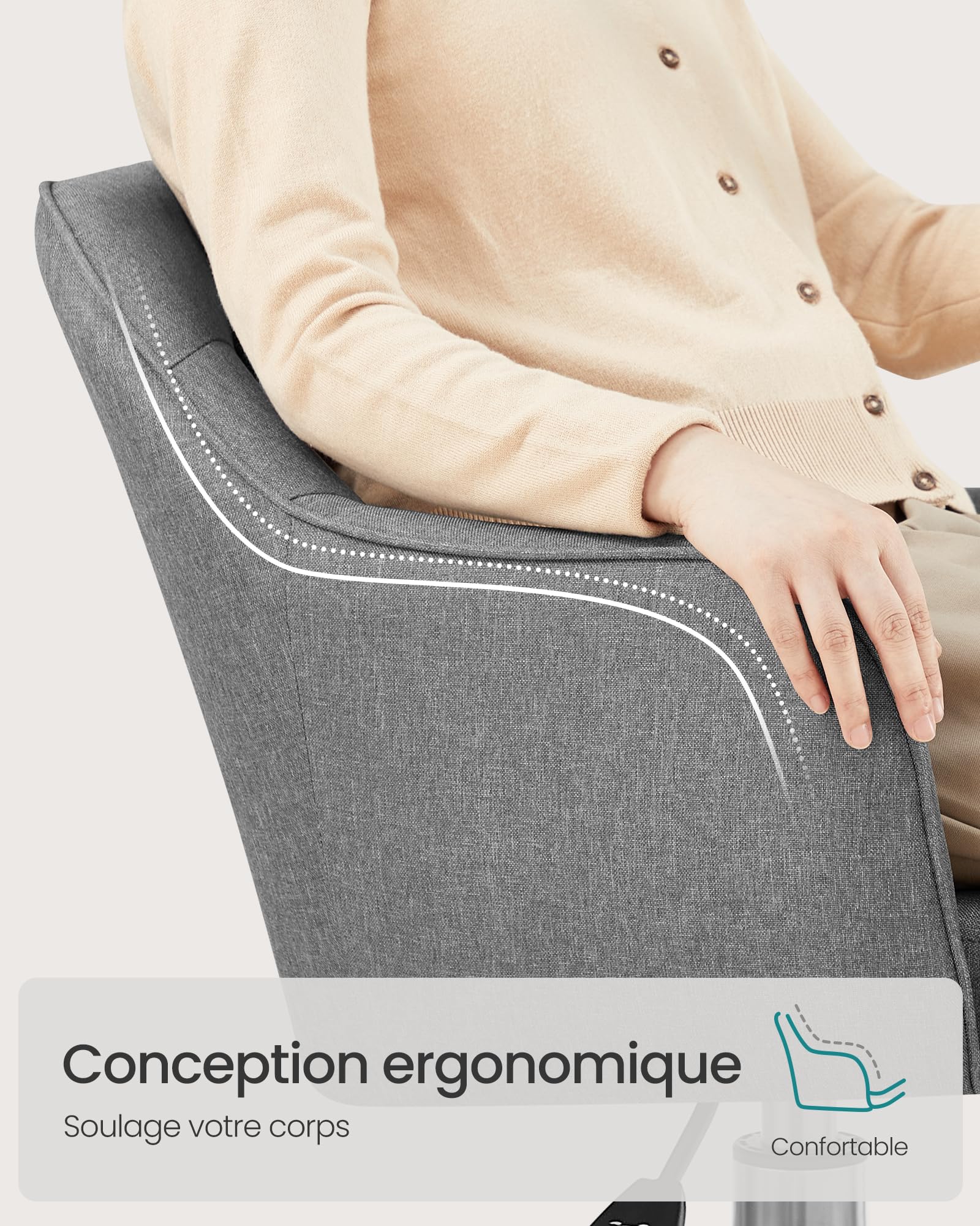 SONGMICS Chaise de Bureau, Fauteuil Ergonomique, Siège Pivotant, Réglable en Hauteur, Capacité 110 kg, Cadre en Acier, Tissu en Coton-Lin Respirant, pour Bureau, Chambre, Gris OBG019G01