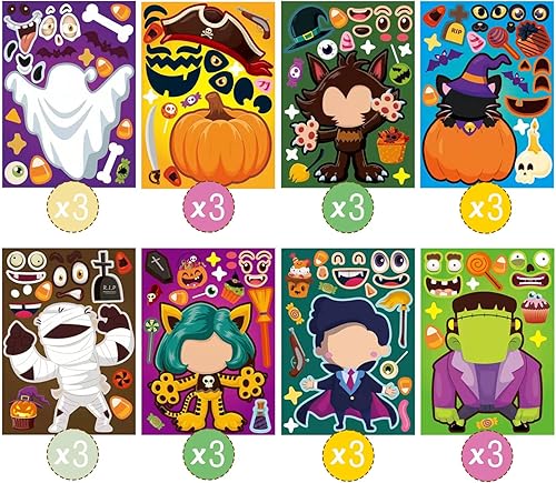 Miniatura 2 de 24 calcomanías de juegos de fiesta de Halloween para niños, haz tus propias calcomanías, calcomanías para hacer una cara, calabaza, momia, zombi,