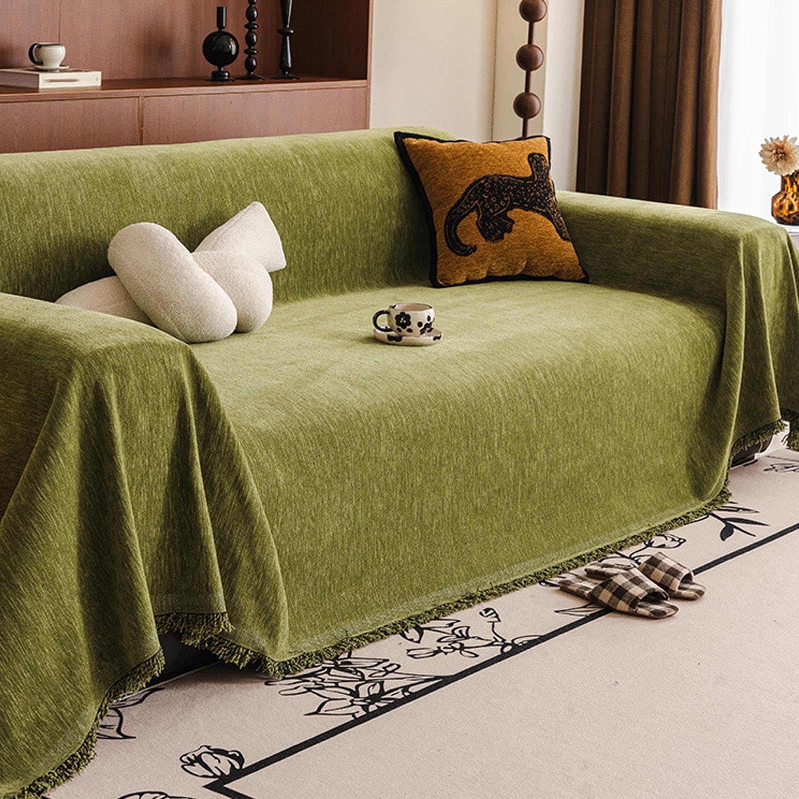 Housse de canapé en chenille verte 180x340cm jeté de lit douceur luxe