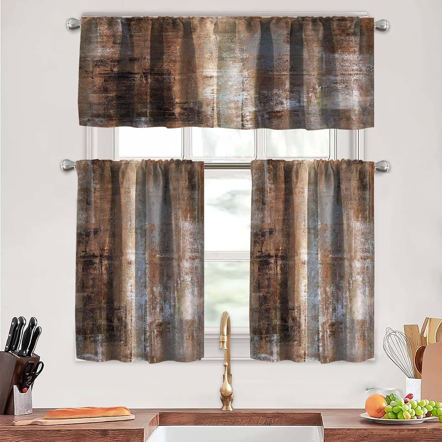MCALK Brown Kitchen Curtains Tiers and Valances Set 3 Piece for Windows Grey Kitchen Window Curtains Set,Modern Abstract Art Valances for Living Room(36" Tiers Set)