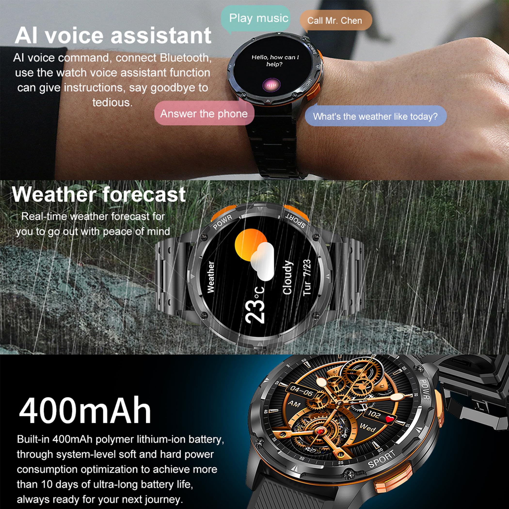 Reloj inteligente AMOLED de 1,43 pulgadas para hombre con función de teléfono, 5 ATM, rastreador de actividad con más de 100 modos deportivos, podómetro, monitor de sueño, presión arterial