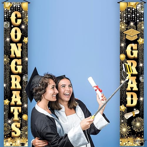 Miniatura 5 de KatchOn, Cartel de puerta de Congrats Grad  Grande 72 x 12 pulgadas, NO DIY  Banner de Congrats Grad dorado y negro, decoraciones de fiesta de