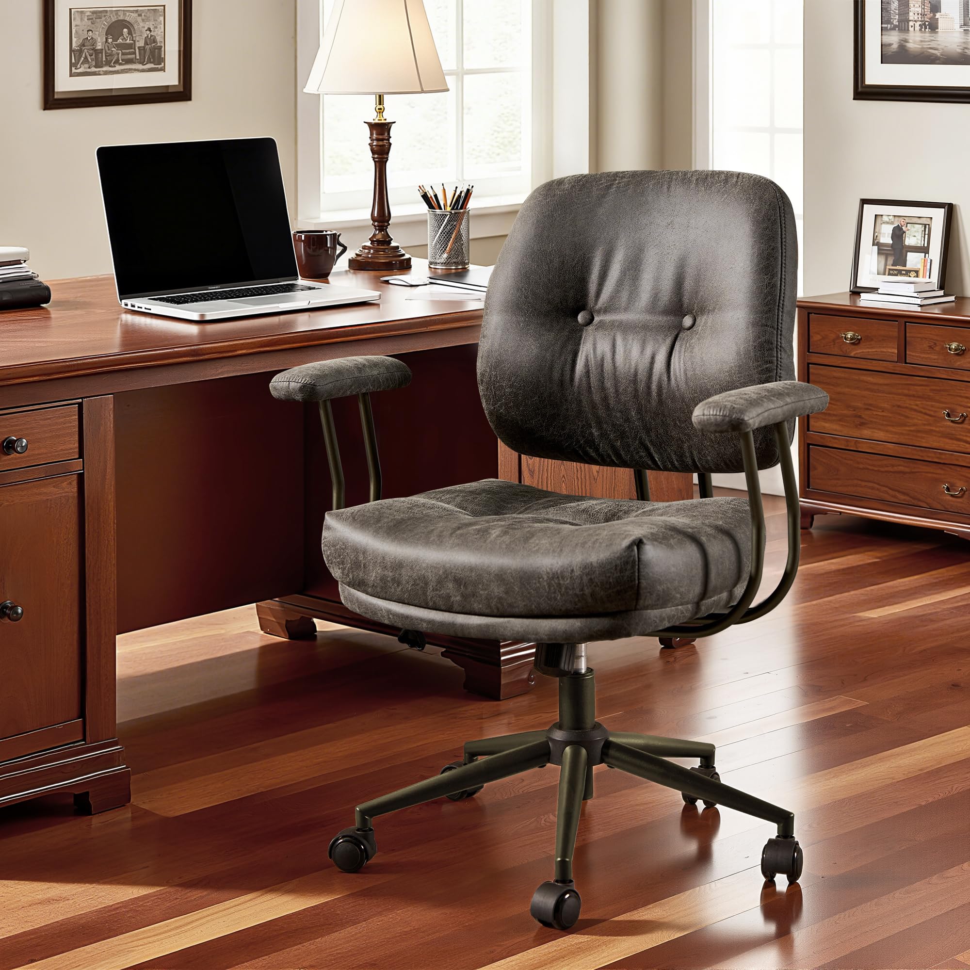 Leather Home Office Chair, Mid Back Ergonomic Desk Chair with Lumbar Support, Mid Century Modern Deep Seat Swivel Rocking Computer Chair, Dark Gray