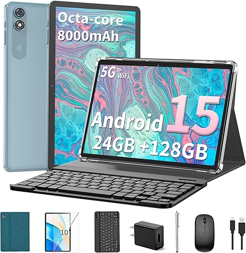 Tablet Android 15 2025 con teclado, 24GB+128GB+2TB Expand, 10.1 pulgadas Octa-Core 2 en 1 tabletas con WiFi 5G2.4G, 8000mAh, BT5.0, certificado GMS,