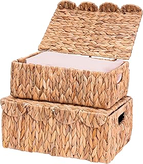 Set of 2 Scalloped Edge Wicker Basket with Lids, Rectangle Wicker Storag...