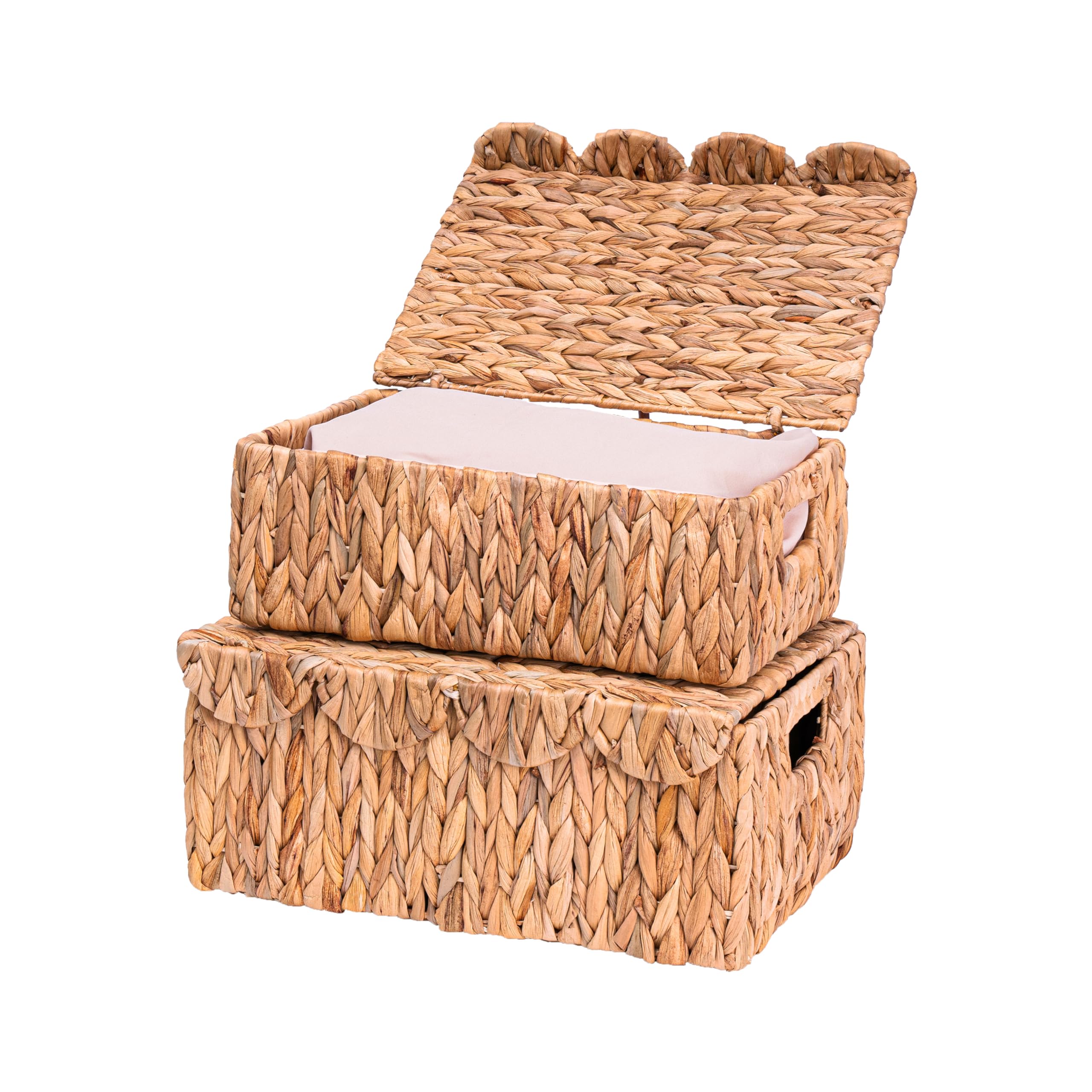 LUSYDECO Scalloped Edge Wicker Basket with Lids, Rectangle Wicker Storage Basket with Built-in Handles, Multipurpose Organizer Rattan Display Boxes