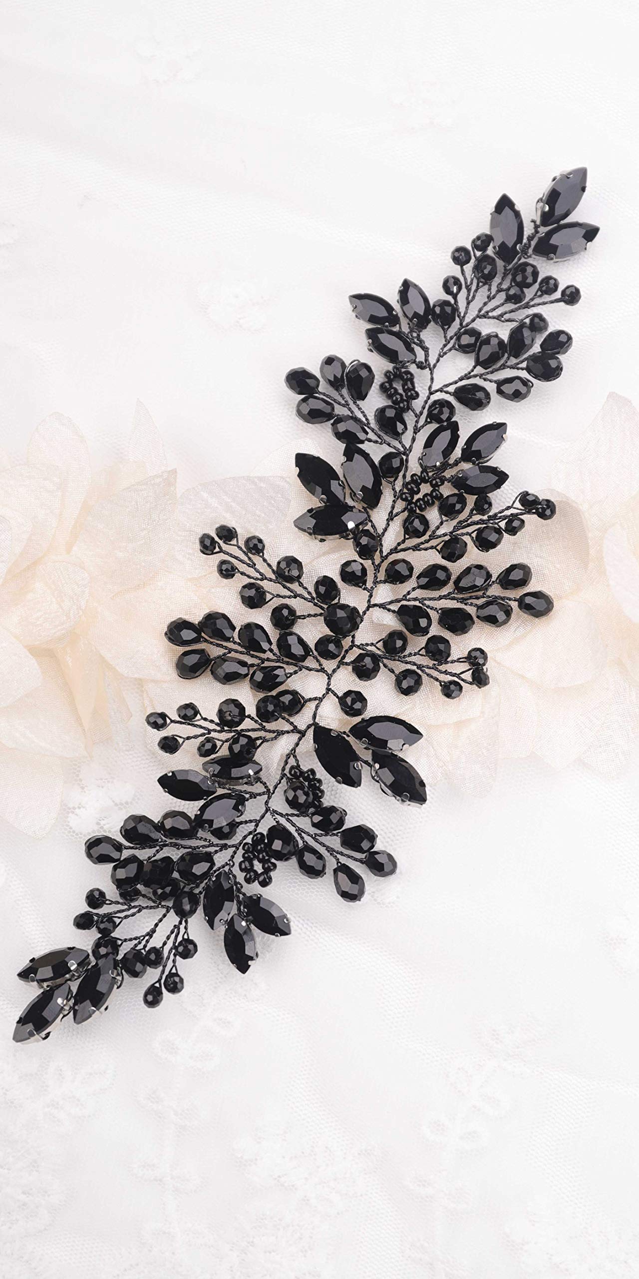 KercisbeautyBride Hair Accessories Black Crystal Hair Vine Gold Headband Evening Party Prom Women Hair Piece Vintage Wedding (Black)