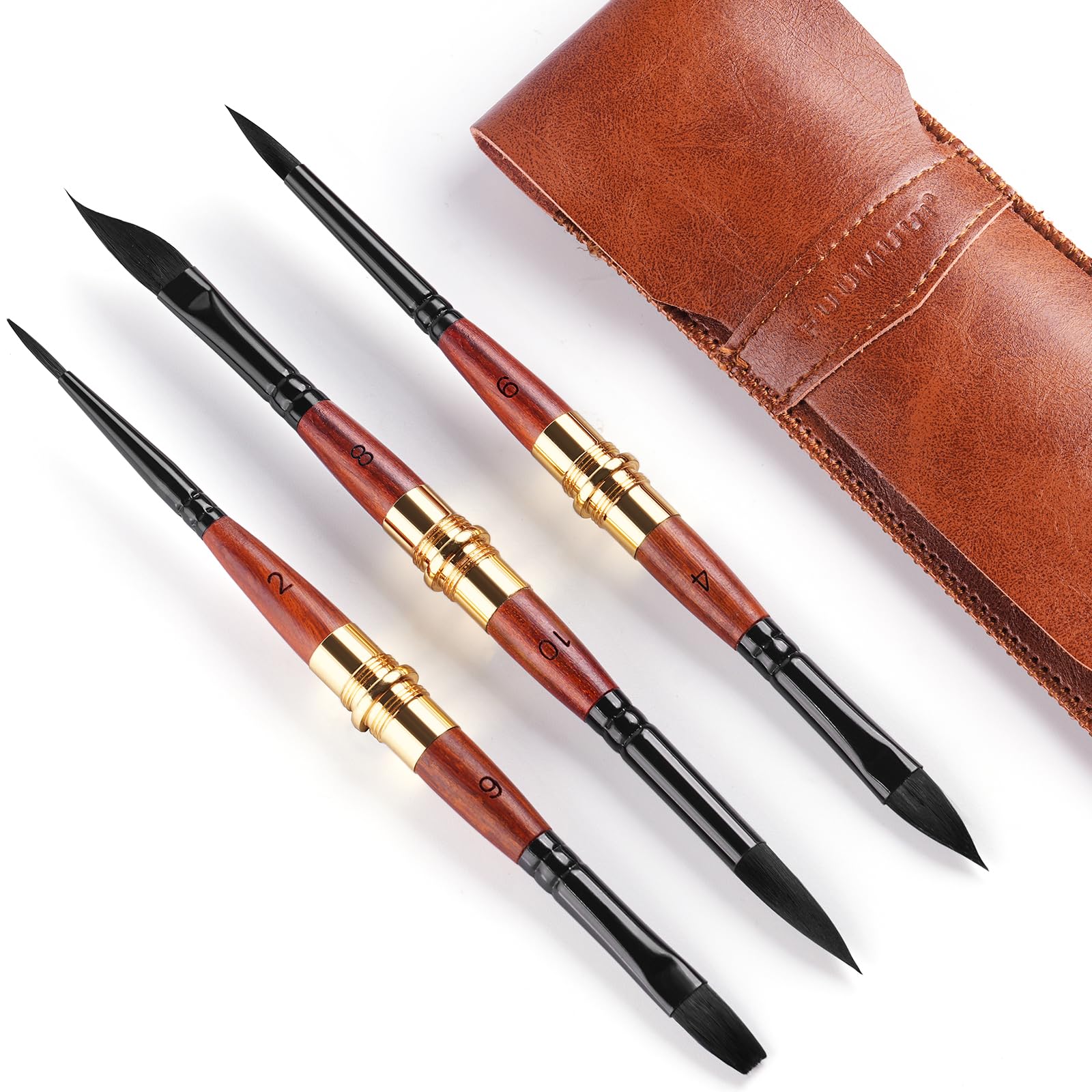 Pennelli da Viaggio a Doppia Punta Professionali - 3 Pennelli di pelo Sintetico Scoiattolo con Custodia in Pelle per Acquerello, Guazzo, Inchiostro | Alto Assorbimento dell'Acqua | Watercolor Brushes