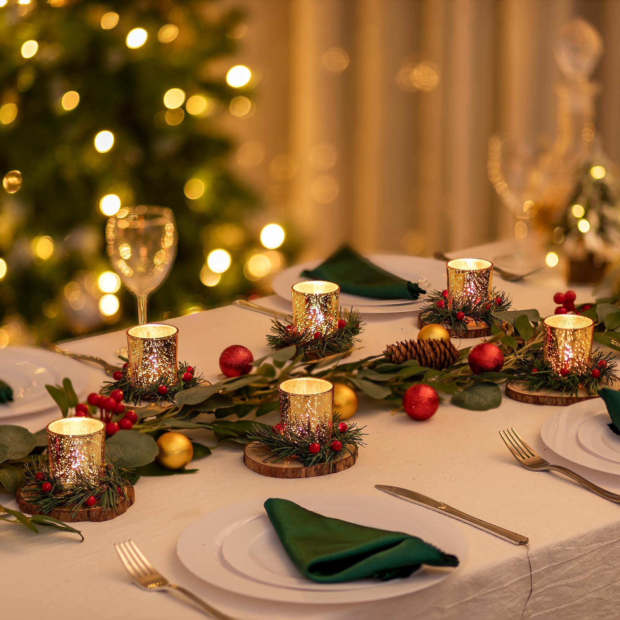 Glasseam Portacandelitas De Navidad: Portavelas De Oro con Anillo para Velas Set De 12 Portacandelitas De Cristal para Centro De Mesa NavideñO Portavelas Votivas De Mercurio para DecoracióN del Hogar