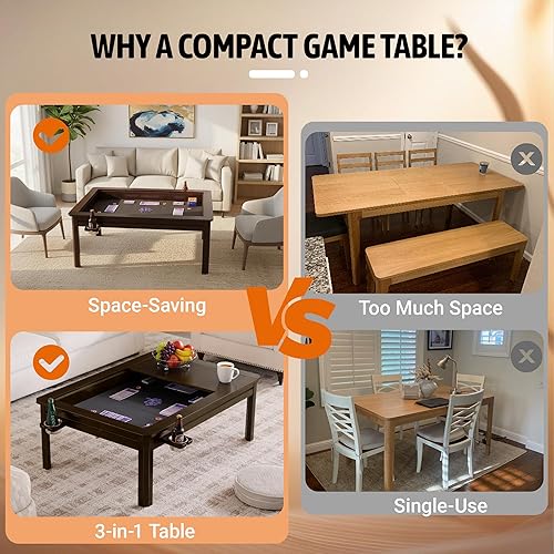 Miniatura 9 de Mesa de juego de mesa de madera maciza con mesa extraíble para 4 a 6 jugadores, mesa de juegos y comedor, incluye alfombrilla de juego y portavasos