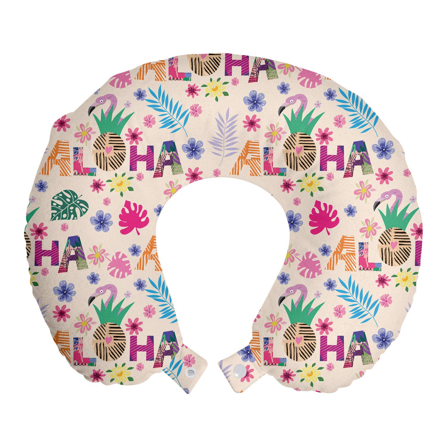 Ambesonne Tropical Travel Pillow Neck Rest, Illustration of Colorful Hawaiian Elements Flowers Aloha Lettering Flamingo, Memory Foam Traveling Accessory for Airplane and Car, 12