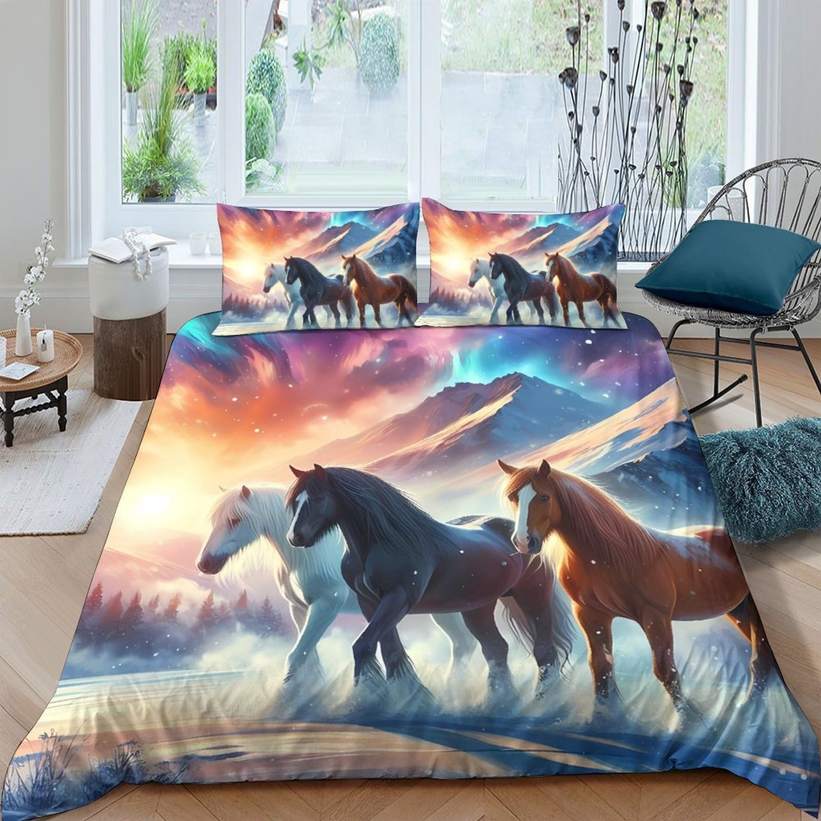 Ctjqhvkz Style-4 3D Printed Wild Horse Fitted Sheet Microfiber Soft Brown Blue Sunset Bed Sheet For Bedroom Guest Room Decor Single（135X200cm）