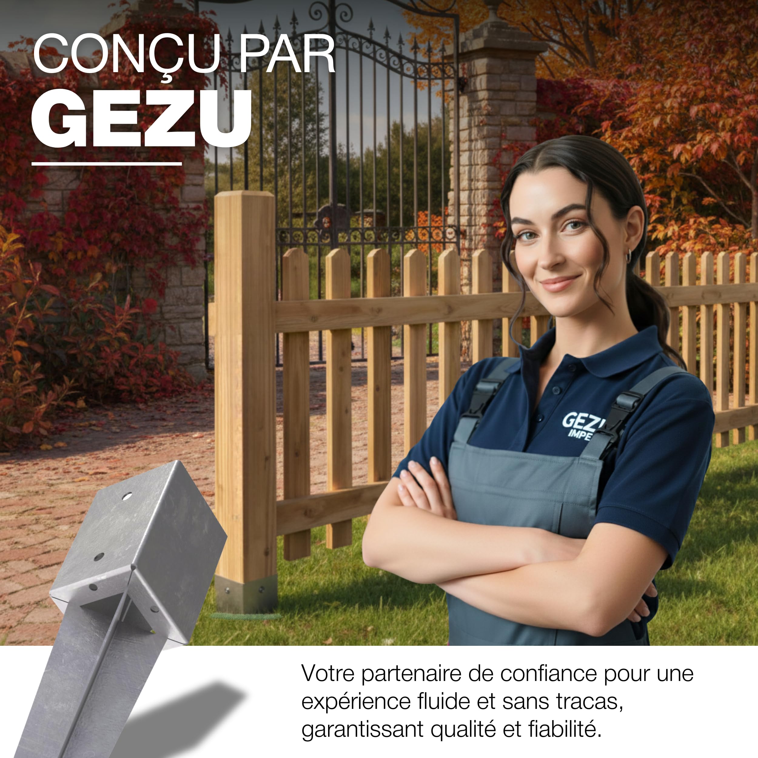 GeZu Impex Ancrage au sol 96 x 96 x 750 mm galvanisé à chaud Lot de 4 douilles de fond d'impact, support de poteau de poteau de poteau de frappe