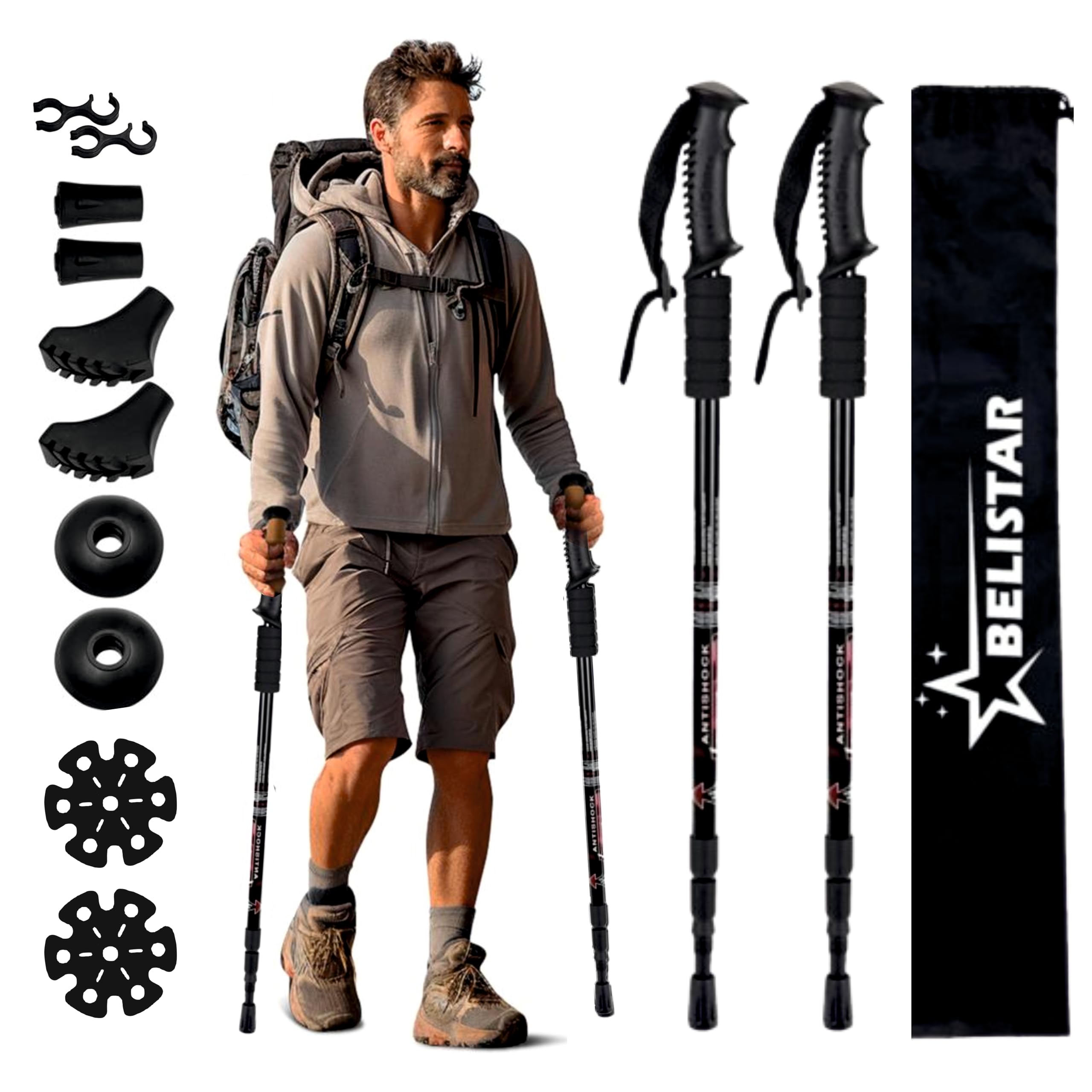 BELISTAR Hiking Trekking Poles, Collapsible,Lightweight, Anti Shock, Hiking or Walking Sticks,Adjustable Hiking Pole for Men & Women, All Accessories - Carry Bag (Black 02 Trekking Poles)