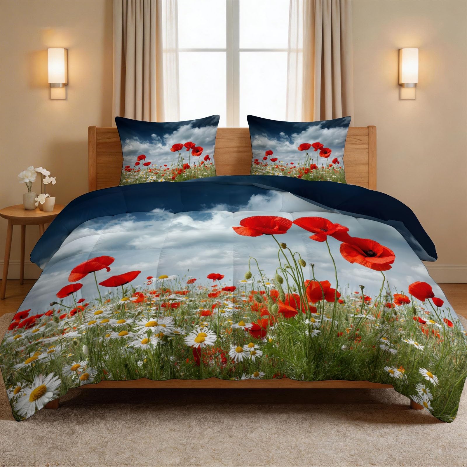3-teiliges Steppdecken-Set 135 x 200 cm - Atmungsaktive Ganzjahresdecke Steppdecke, Wendedesign Bettdecke mit 2 Kissenbezügen - Pflegeleichte & Weiche, Mehrfarbig Natur Landschaft Blumen Feld