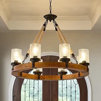 Wellmet 8-Light Farmhouse Chandeliers For Dining Room, 30 Inch Rustic Wagon Wheel Chandelier