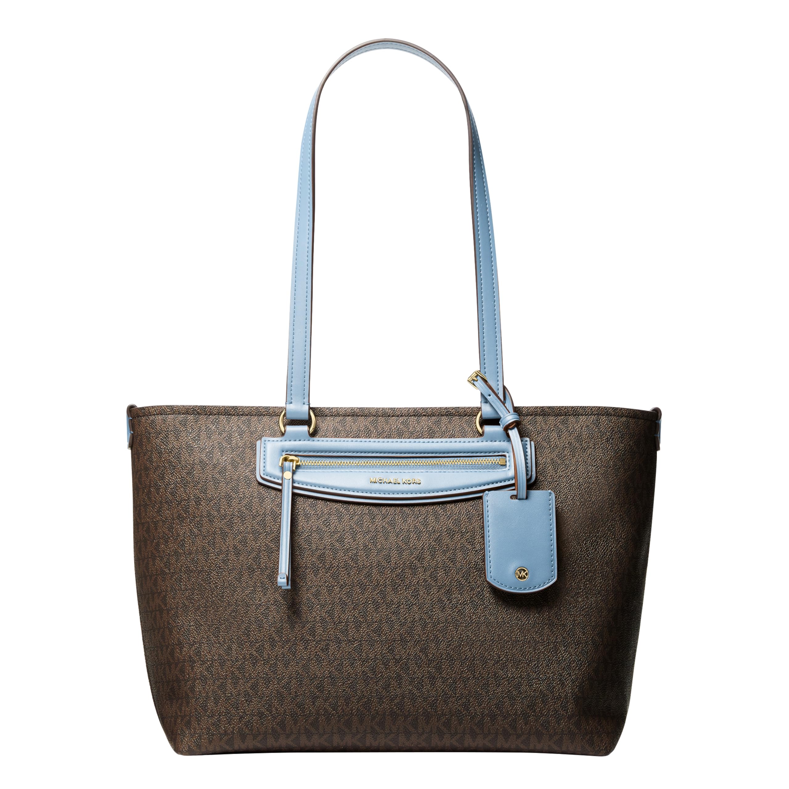 Michael Kors Women's Jet Set Travel Medium Top-Zip Tote, Gold-Tone Hardware/MK Signature Semi Lux Black, Chambray