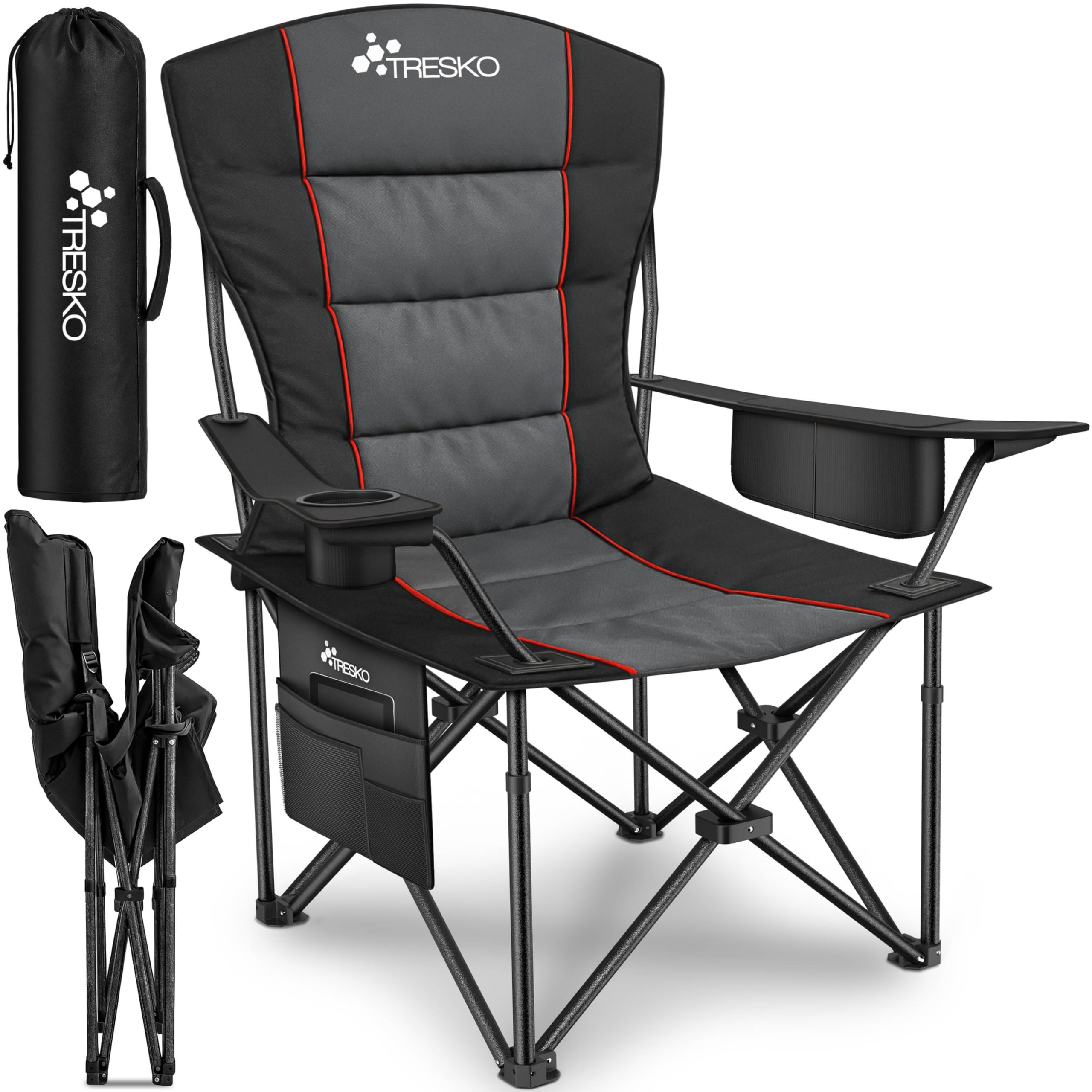 TRESKO® Campingstuhl Faltbar bis 200kg | Faltstuhl mit Kühltasche, Getränkehalter & Seitentasche | Klappstuhl XXL inkl. Tragetasche | Angelstuhl gepolstert für Outdoor, Angeln, Festival & Garten