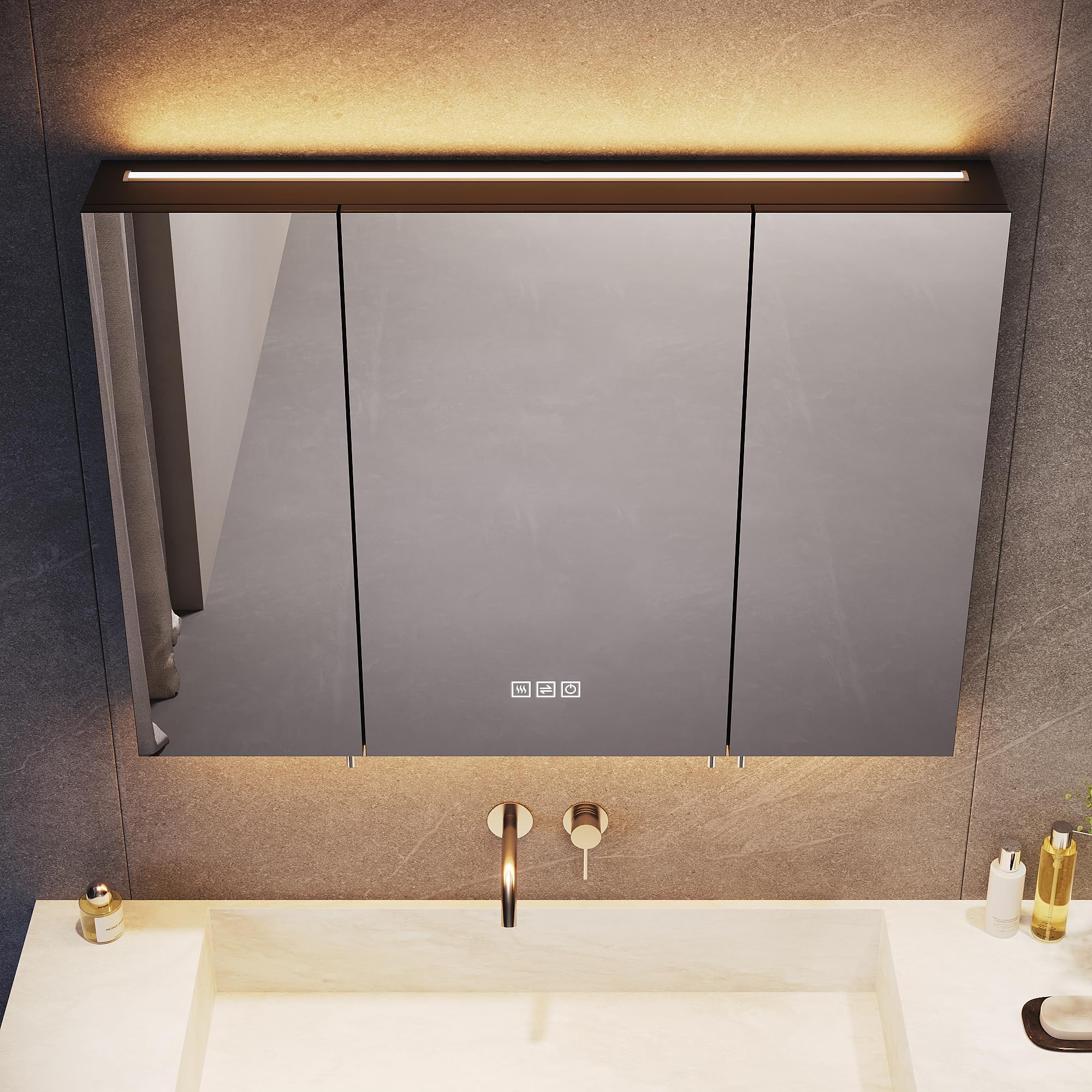 SONNI Armadietto a specchio da bagno con illuminazione e presa a 3 porte, con interruttore touch, 3 colori di luce regolabili, senza appannamento, per il bagno, 90 x 65 cm, nero opaco