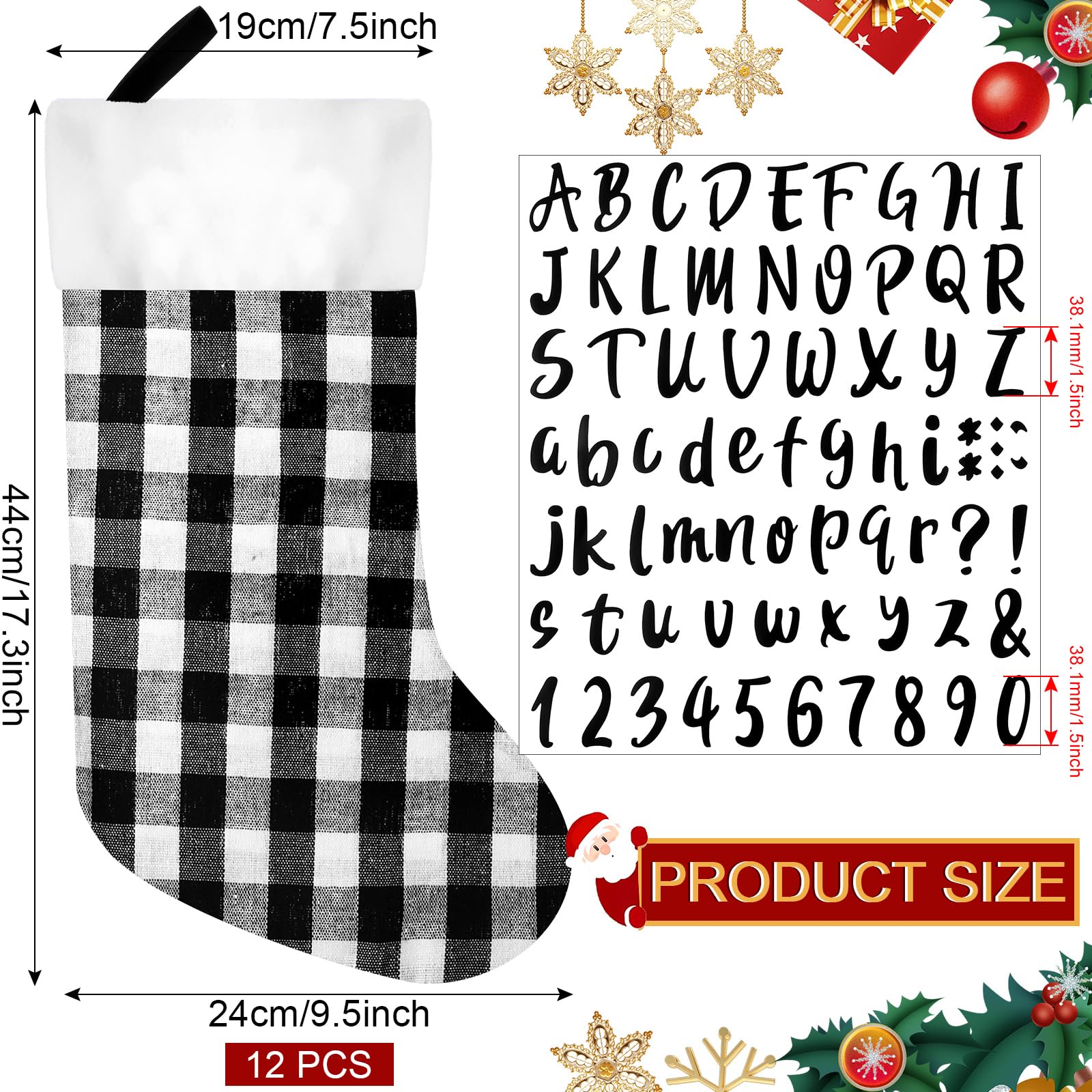 Tatuo Lot de 12 chaussettes de Noël en toile de jute de 43,2 cm, décorations de Noël à suspendre avec 4 feuilles d'autocollants en vinyle avec lettres noires (noir et blanc)