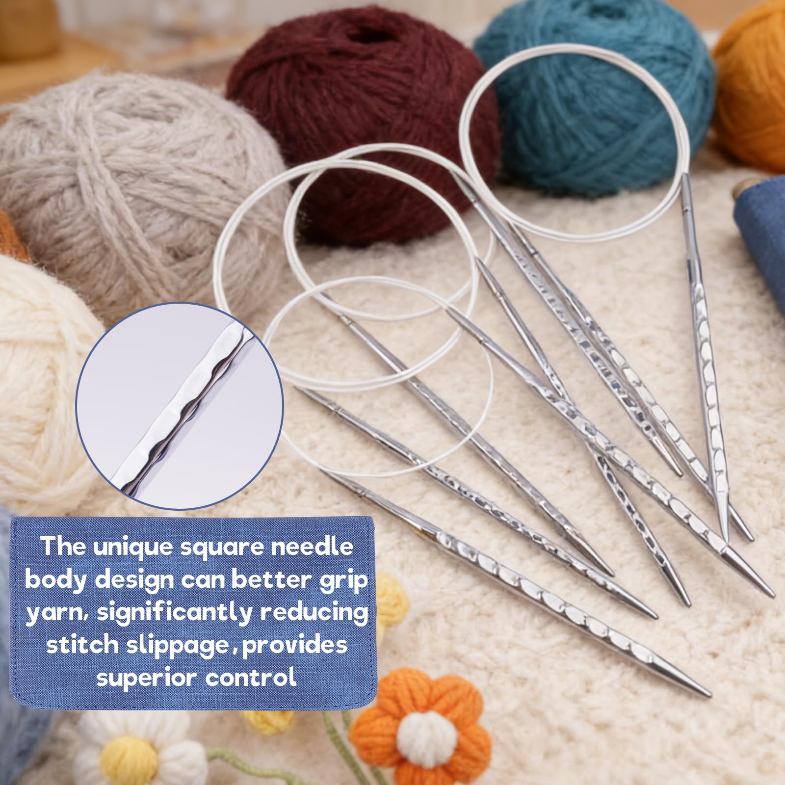 BsHooker Austauschbares quadratisches Stricknadel-Set mit Etui, 3,5 mm - 8 mm | 8 Paar runde Aluminium-Stricknadeln, 4 Kabel, ergonomisches Nadel-Set