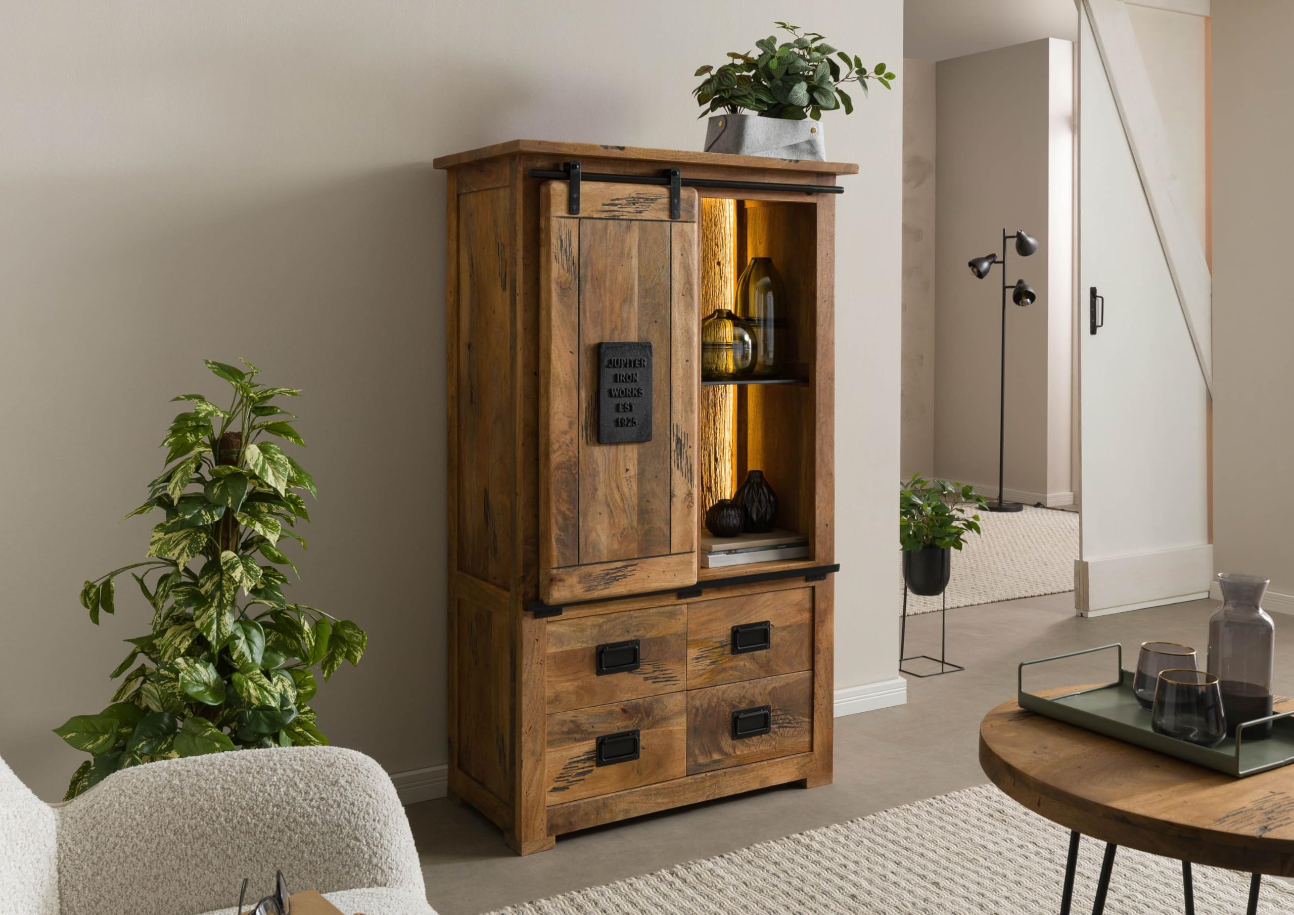 MASSIVMOEBEL24.DE | Schrank Mango/Altholz 90x45x150 Natur lackiert Railway LUX #115, Farbe:Natur lackiert, Größe:90x45x150 cm (BxTxH)