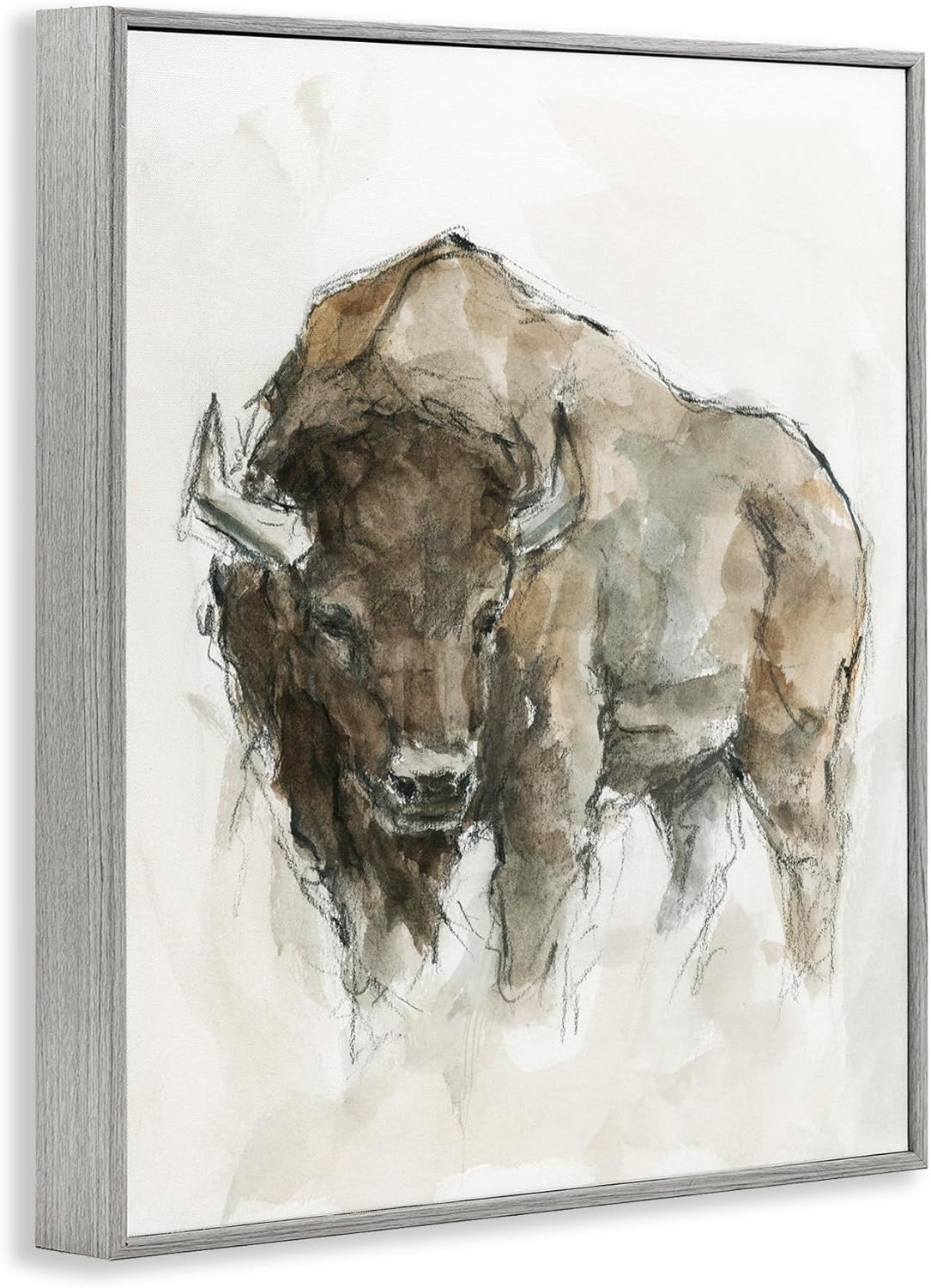 Western American Buffalo Brown Animal Painting with Gray Frame, 24x30