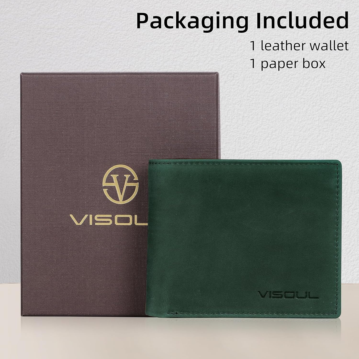 VISOUL Mens Wallet Bifold Crazy Horse Leather with RFID Blocking, Wallet for Men with 2 ID Window 8 Card Slots 2 Cash Pockets-Green image 5