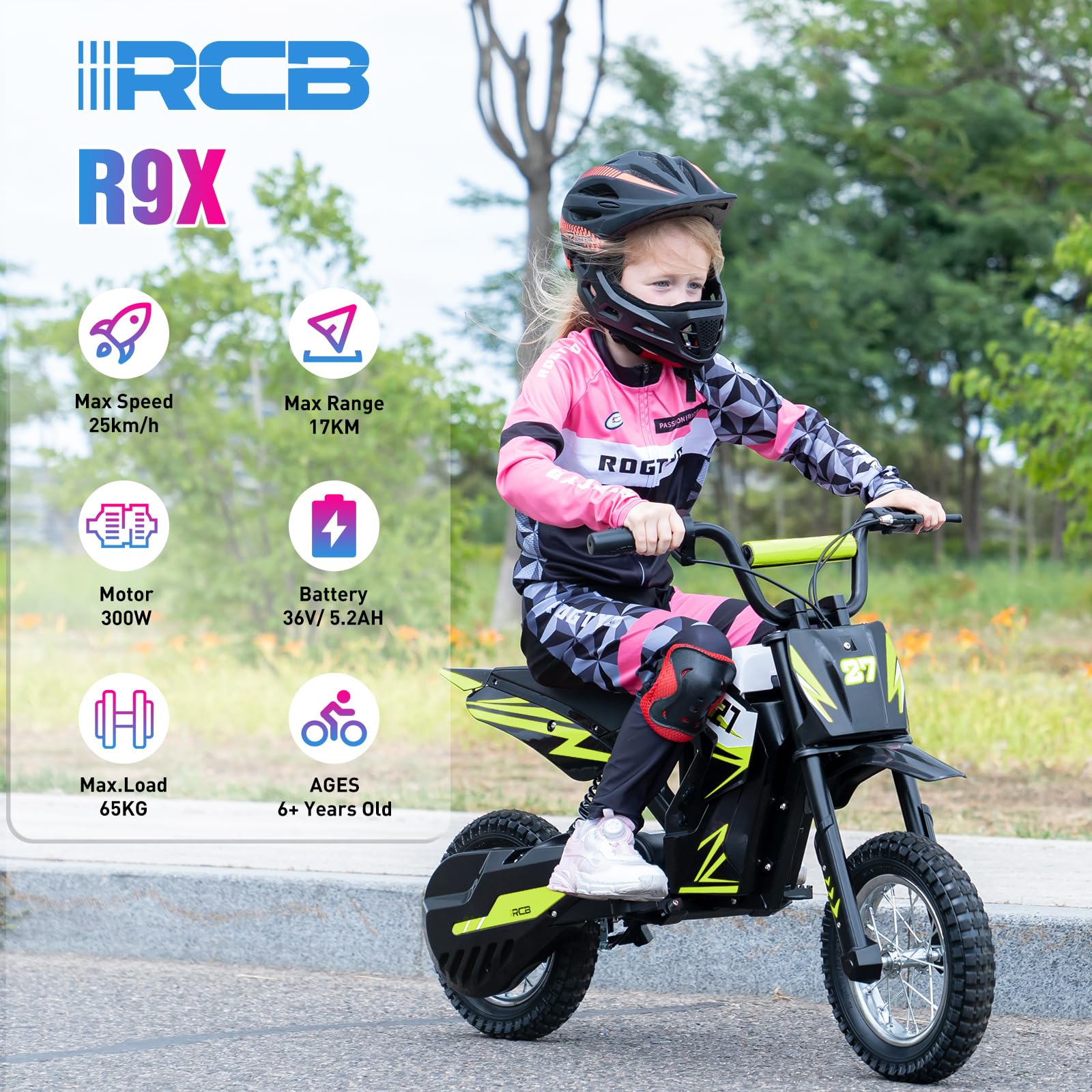 RCB R9X Elektro Motorrad Kinder, 12 Zoll Luftreifen, Elektromotorrad mit Leistungsstarker Motor,5,2Ah Akku,3 Geschwindigkeitsmodus 8/12/25KMH, Reichweite 17KM, Moto Crossbike für Kinder (Schwarz &Grün