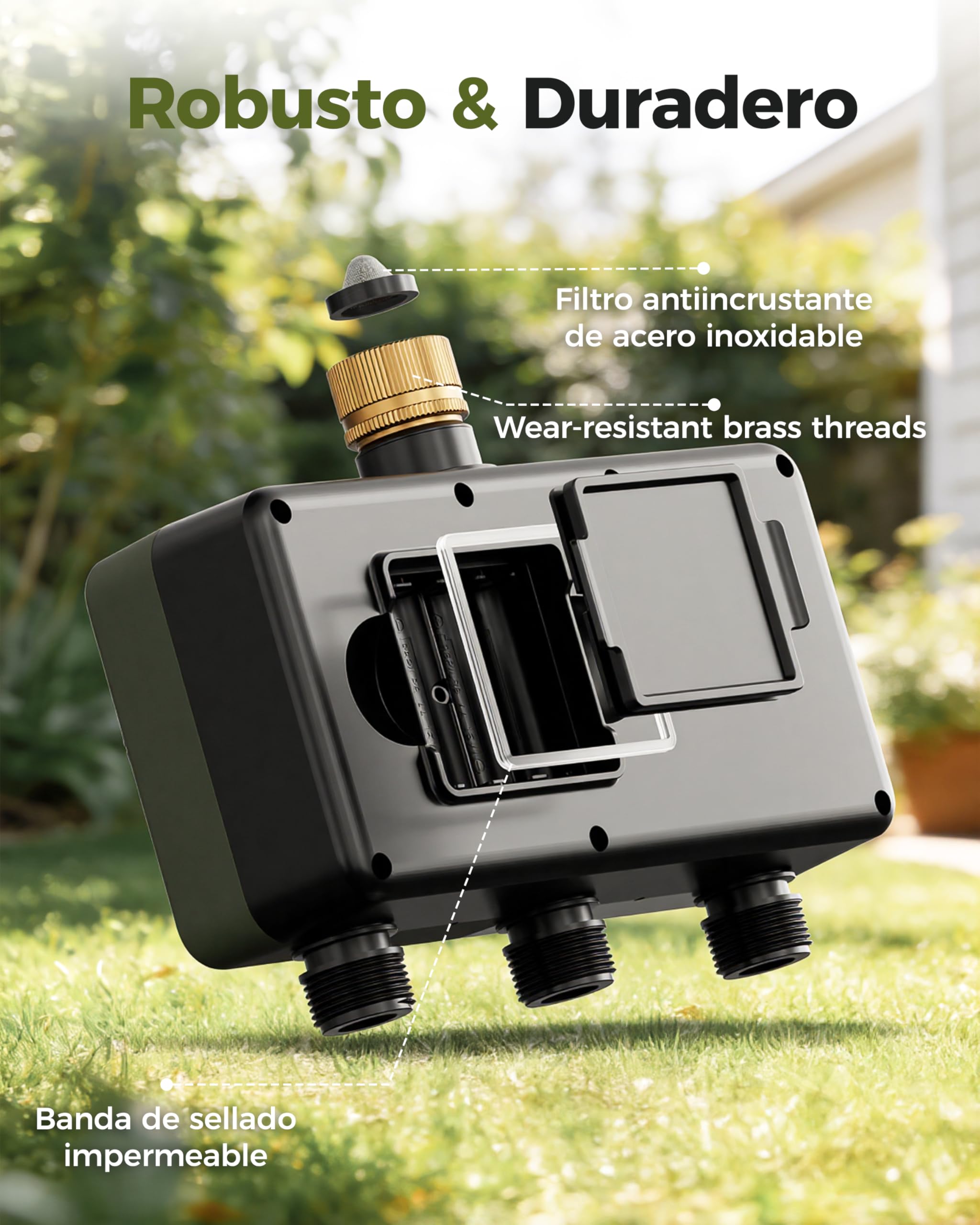 Diivoo Latón Temporizador Riego Automático 3 Salidas para Jardín y Césped | Gran Pantalla LCD, Retraso por Lluvia, Riego Manual/ Automatico