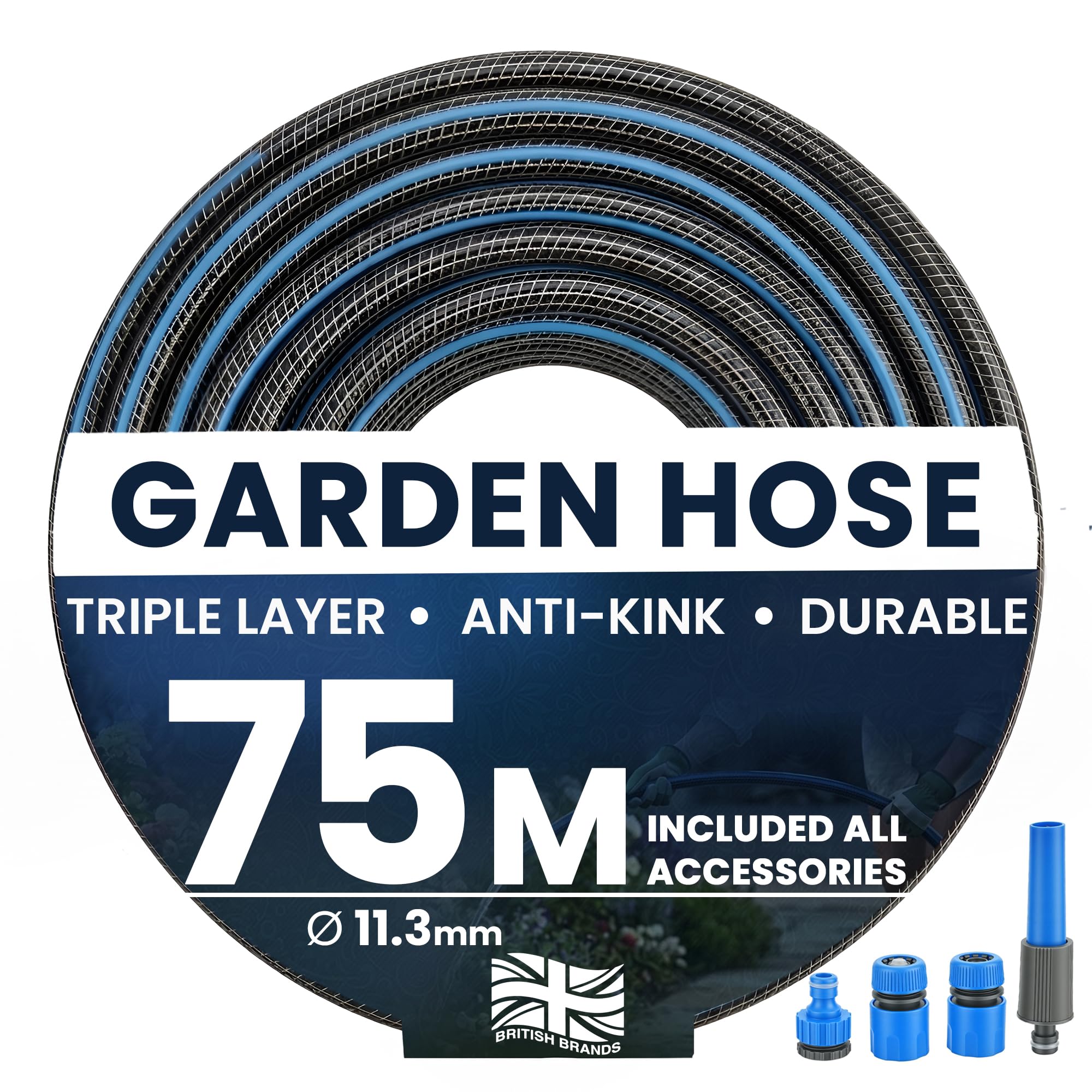 B&Q -  Garden Hose Pipe 75M Pvc Hosepipe 11.3mm Dia Durable Triple Layer Water Hose With Connectors Spray Nozzle