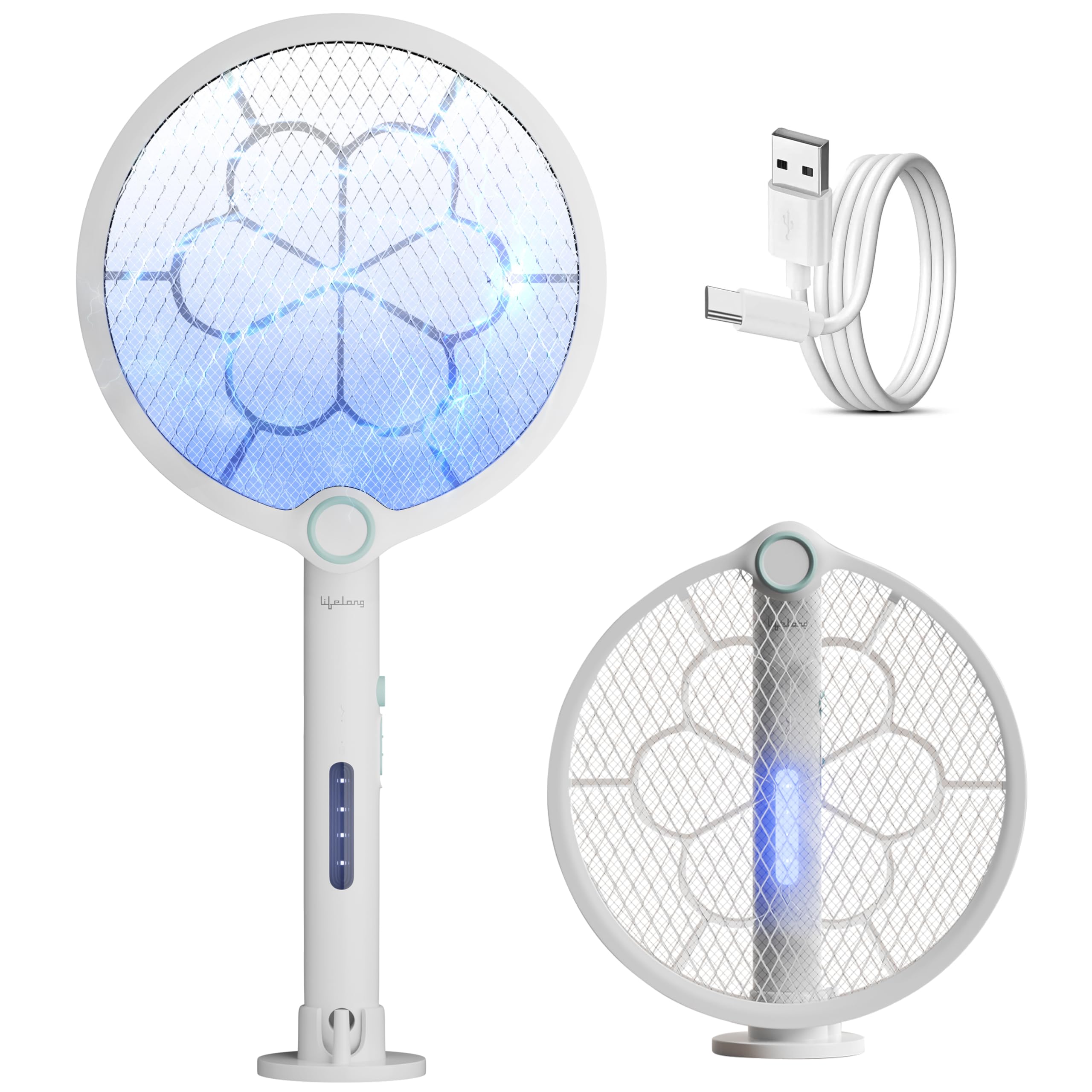 Lifelong 3in1 Foldable Electric Mosquito Racket |Mosquito Killer Racket| Fly Swatter | Stand & Hang Design | Mosquito Trap & UV Light |Rechargeable 1200mAh Battery | Type-C Charging