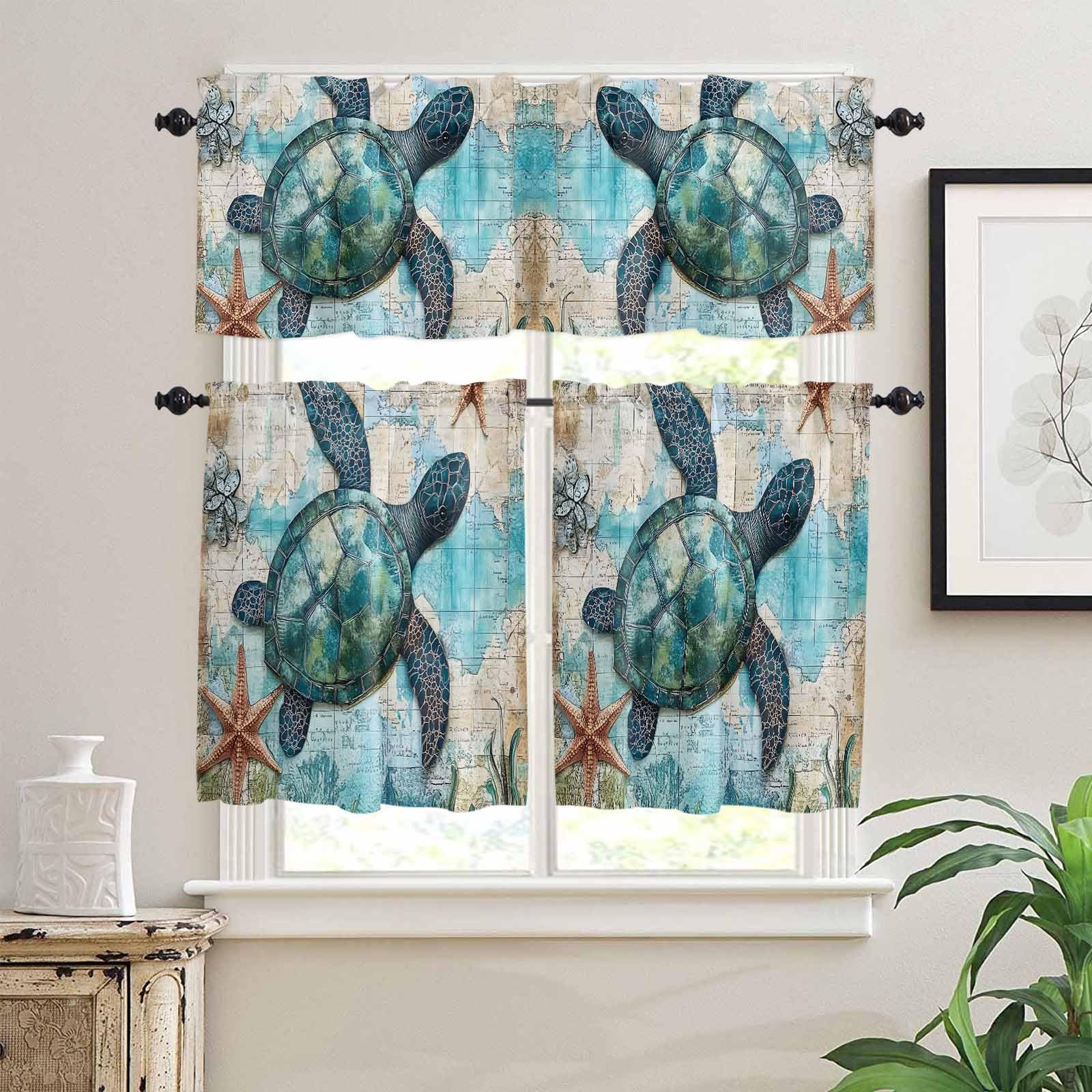 Teal Blue Sea Turtle Kitchen Curtains 36 Inch Length, 3 Piece Rod Pocket Small Half Tiers and Valance Set, Summer Ocean Nautical Starfish Small Large Window Treatment Decor for Bedroom/Bathroom Sink
