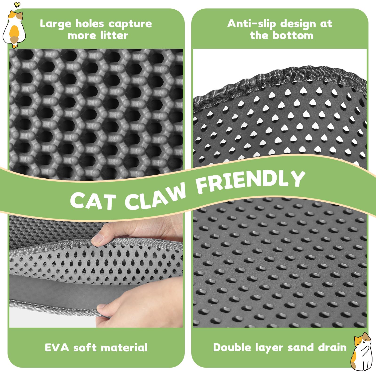 Alfombra Arenero Gato, 90x60cm Alfombrilla Arenero Gato, Alfombra Gatos Arenero Impermeable, Diseño de Doble Capa en Forma de Panal, Cat Litter Mat, Alfombra de Basura, Gris